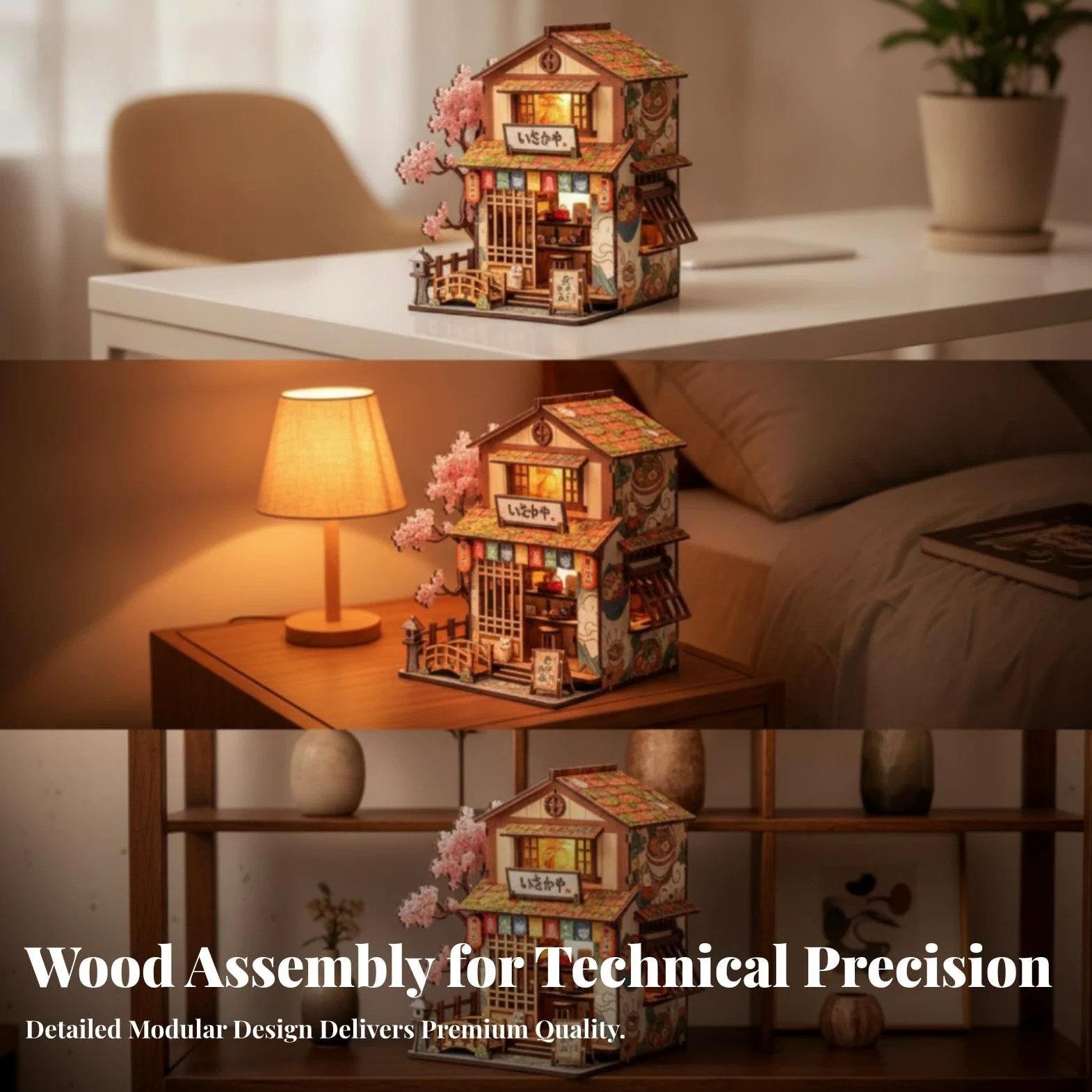 Miniatura Edificio Blocchi Costruzione Kit Modello Casa Vetrina Ornamento Tavolo Illuminazione Calda Legno con Tetto a Strati Finestre a Porta Insegna