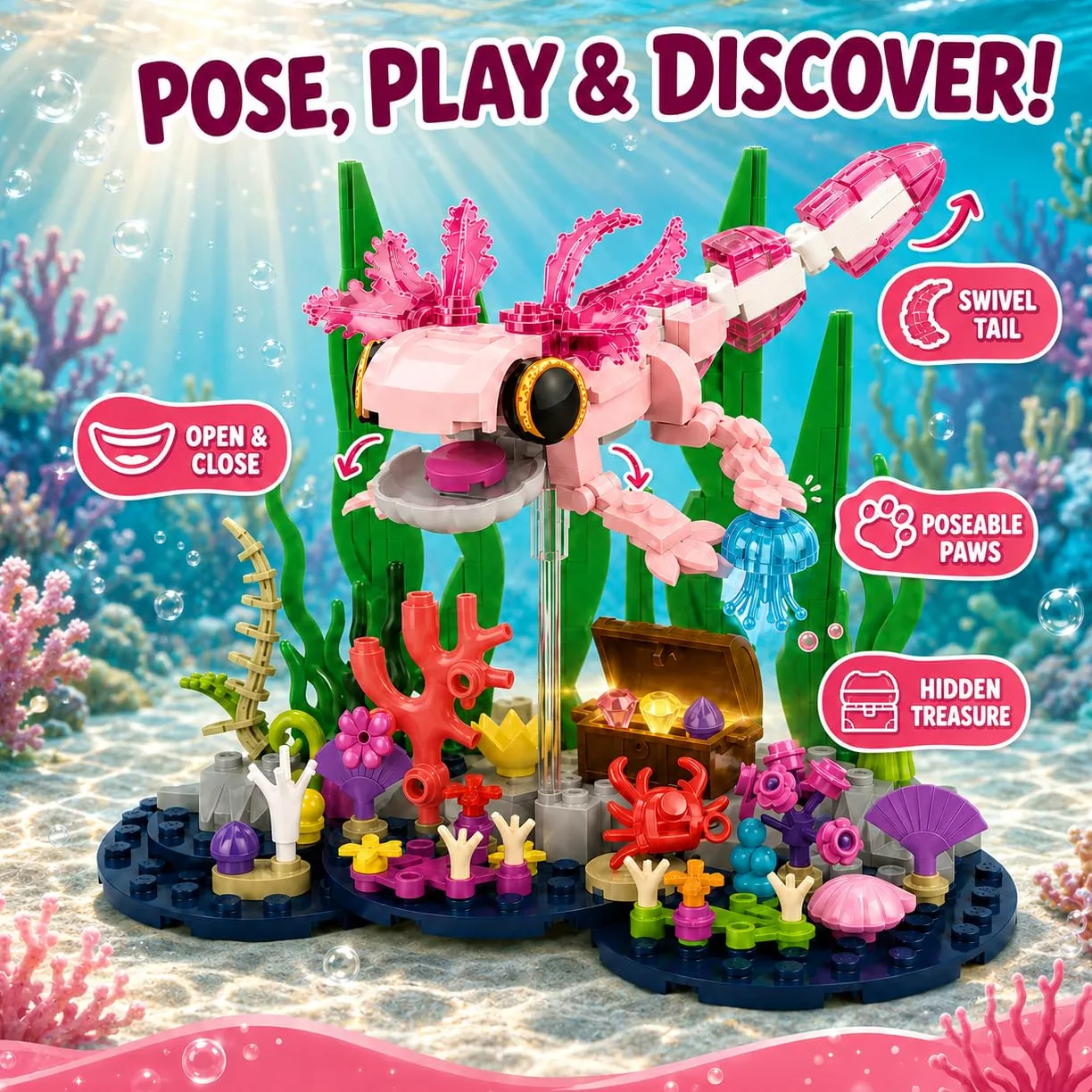 Axolotl Giocattolo da costruzione, carino rosa Axolotl subacqueo acquario | Con Axolotl mobile, scrigno nascosto, scena corallo, idea regalo per compleanno Natale