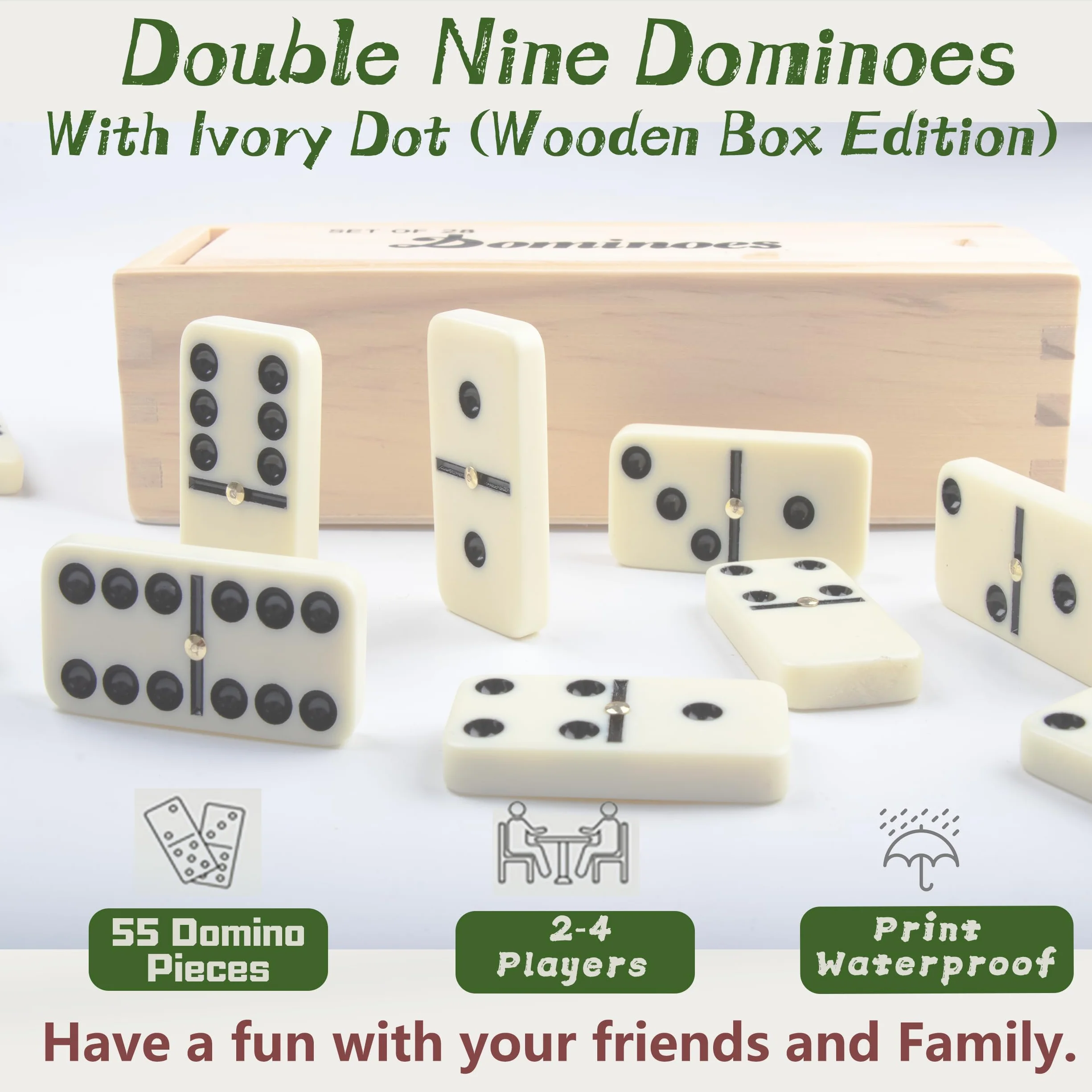 Smilejoy Set domino per adulti, doppio nove Domino Set per giochi da tavolo classici, Domino Double 9 per giochi di famiglia con custodia in legno naturale con spinner 55 pezzi