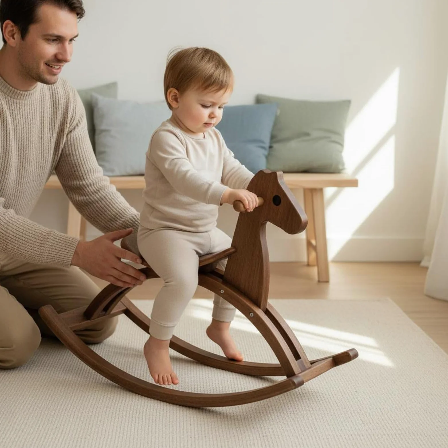Cavallo a Dondolo Bambini Cavallino Dondolante Giocattolo Dondolo Gioco a Dondolo in Legno Stile Minimal Nordico Facile da Inserire in Casa Pattini, Natural Wood