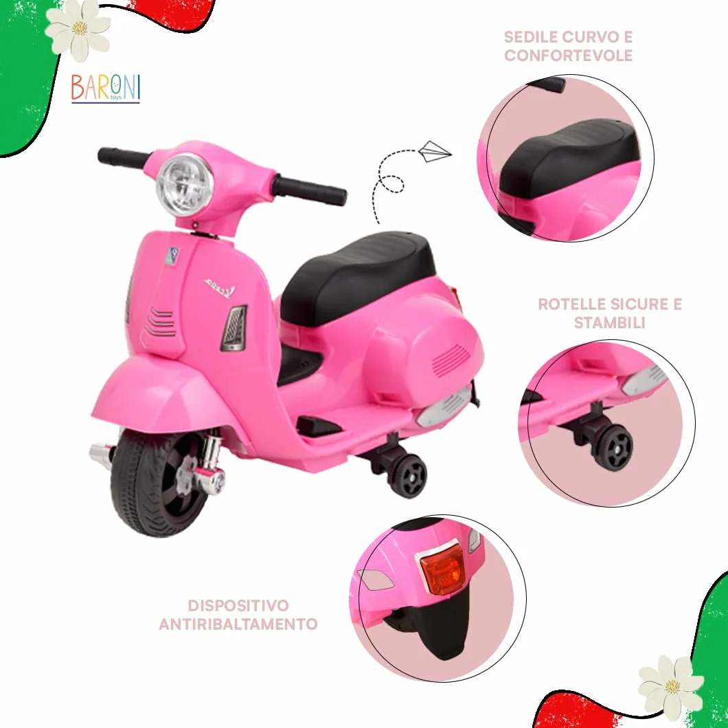 Baroni Toys Vespa Elettrica per Bambini Licenza Ufficiale, Moto Ride-On con Rotelle, Manubrio Sterzante, Fari e Clacson, Motore 6V, Velocità 3 km/h, da Interno ed Esterno, 61x31x32,5 cm, Rosa