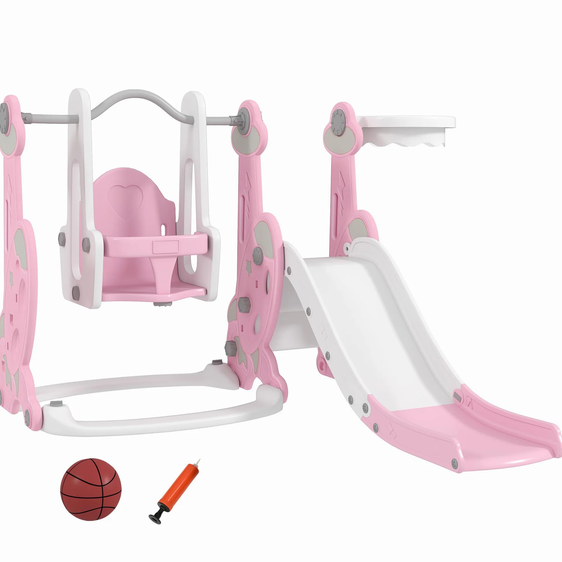 AIYAPLAY Scivolo per Bambini 4 in 1 con Altalena da 18-48 Mesi Rosa | Scivolo da Giardino Autoportante, Scaletta da Arrampicata, Cestino da Basket, Set Parco Giochi per Interni ed Esterni