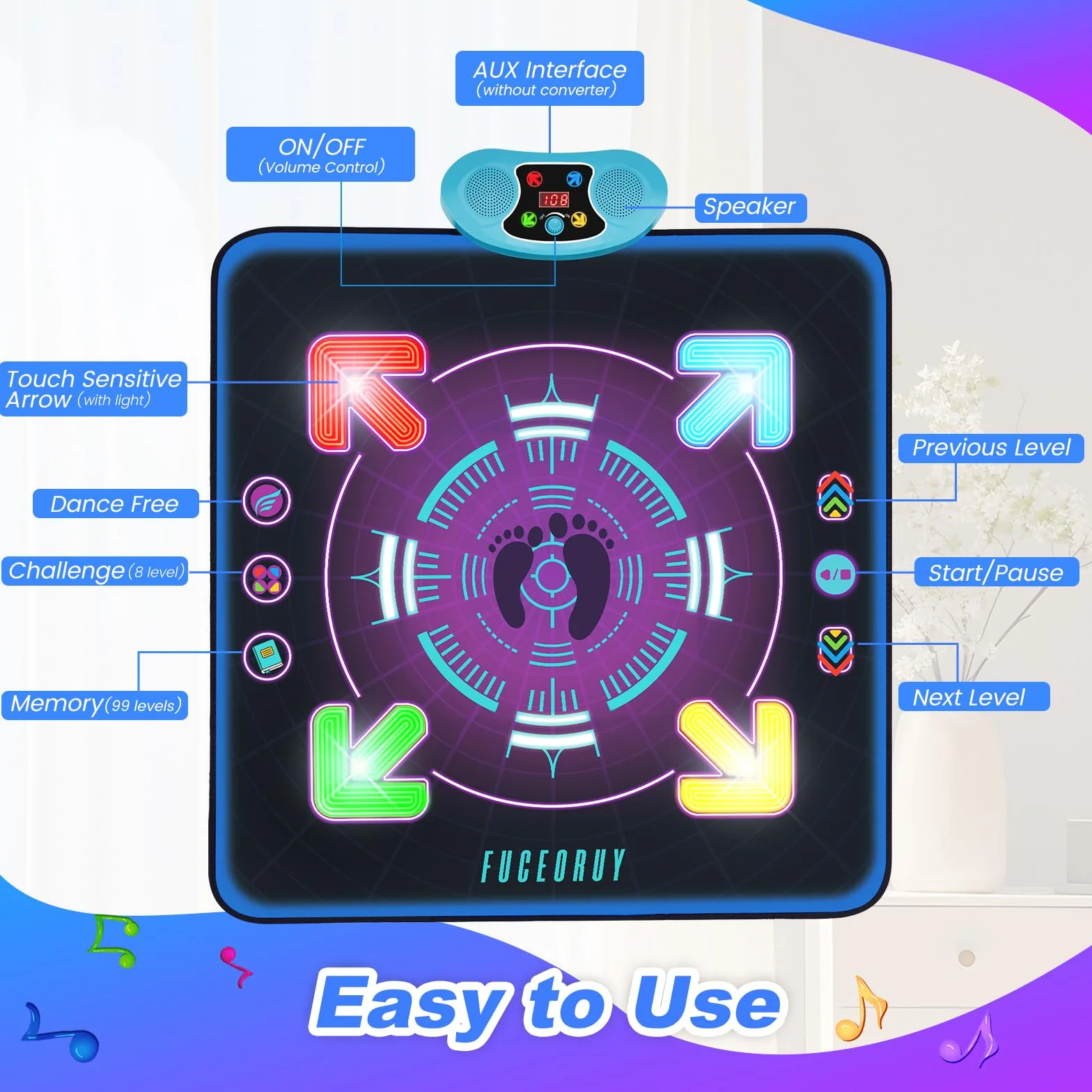 Tappeto Musicale Ballo Bambini con Luci, 3 Modalità, Volume Regolabile, Regalo Compleanno Natale 4-10+