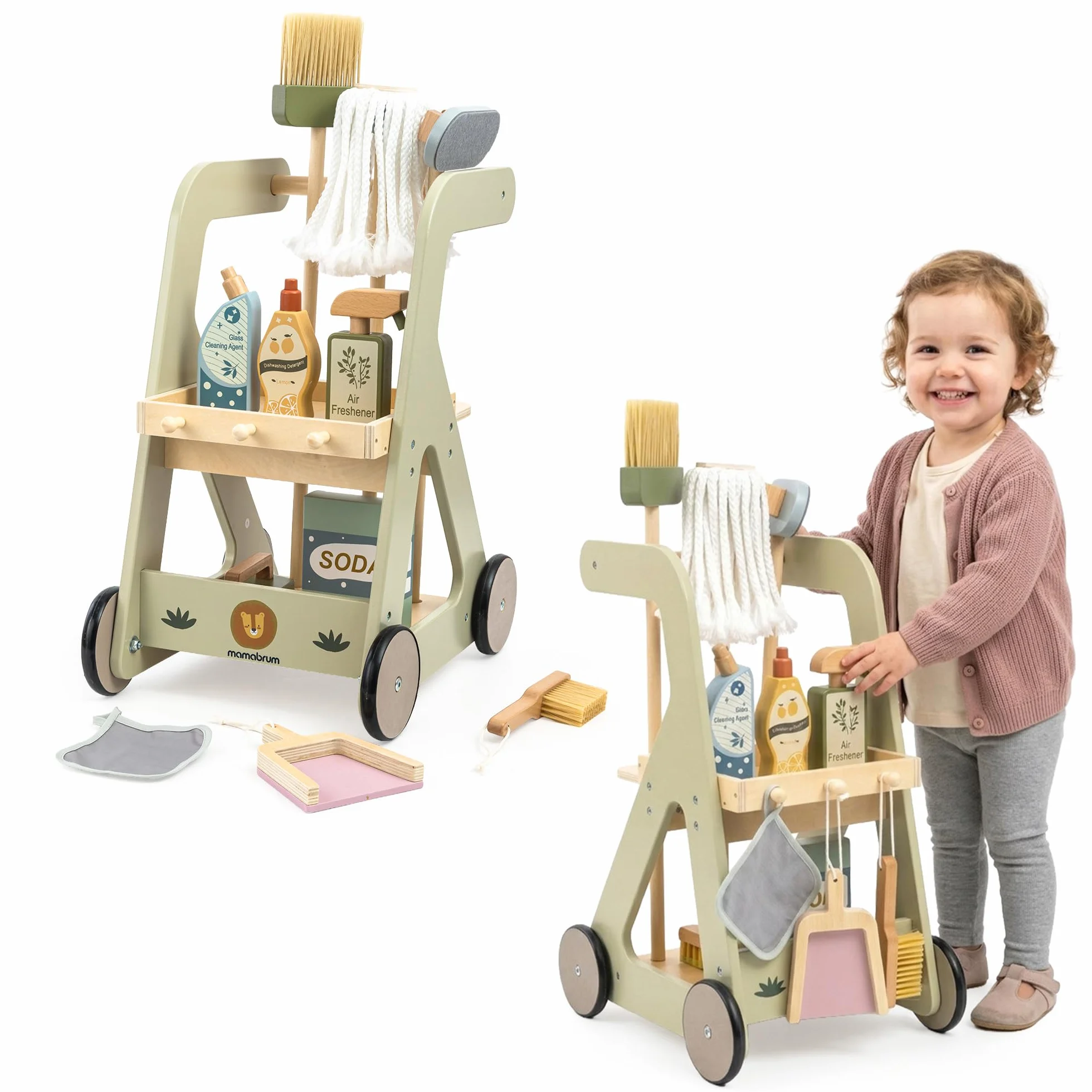 Mamabrum Carrello per la pulizia dei bambini in legno con accessori su ruote set da 11 pezzi giocattolo educativo gioco di ruolo