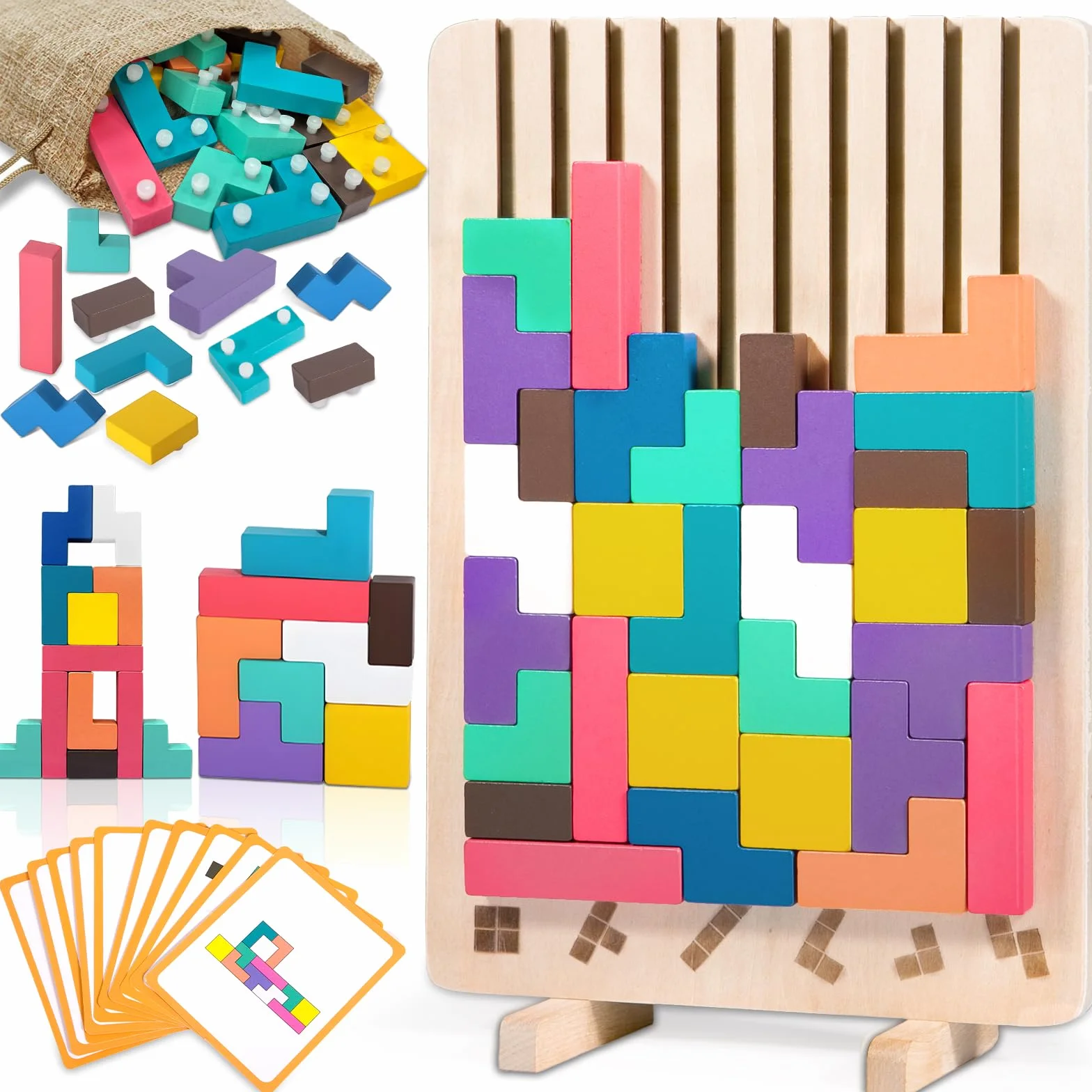 ZLPBAO Tetris Gioco per Bambini con 10 Carte e Borsa, Puzzle 3D di Legno Tetris Giochi montessori 3 anni, Intelligenza Jigsaw Rompicapo, Regali per Bambini di 3, 4, 5, 6 Anni