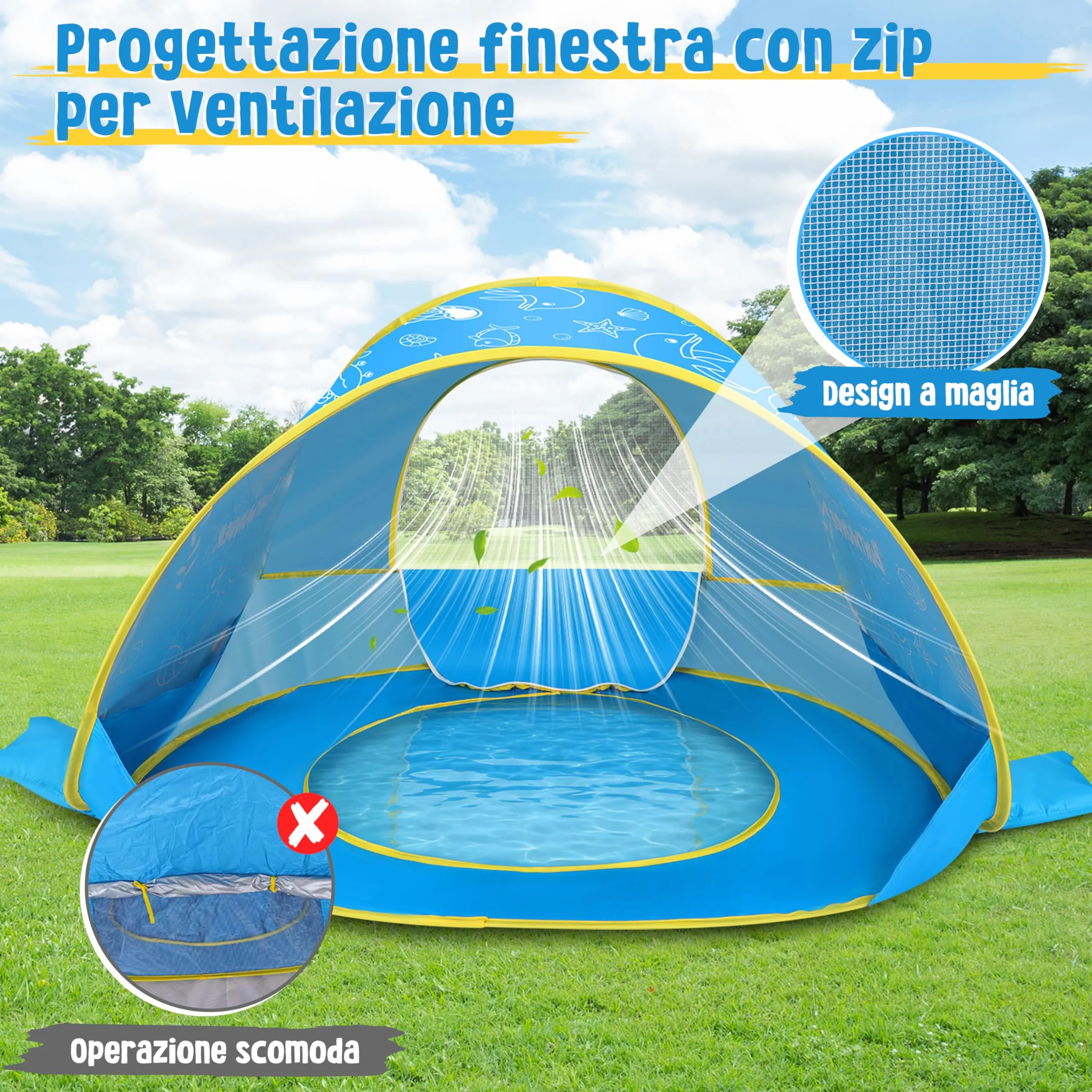 JONRRYIN Tenda da Spiaggia Bambini Pop-Up, Tenda Spiaggia con Mini Piscina, Tenda da Spiaggia Portatile Protezione Solare UPF 50+, Ideale per Viaggio in Spiaggia Campeggio (Blu)