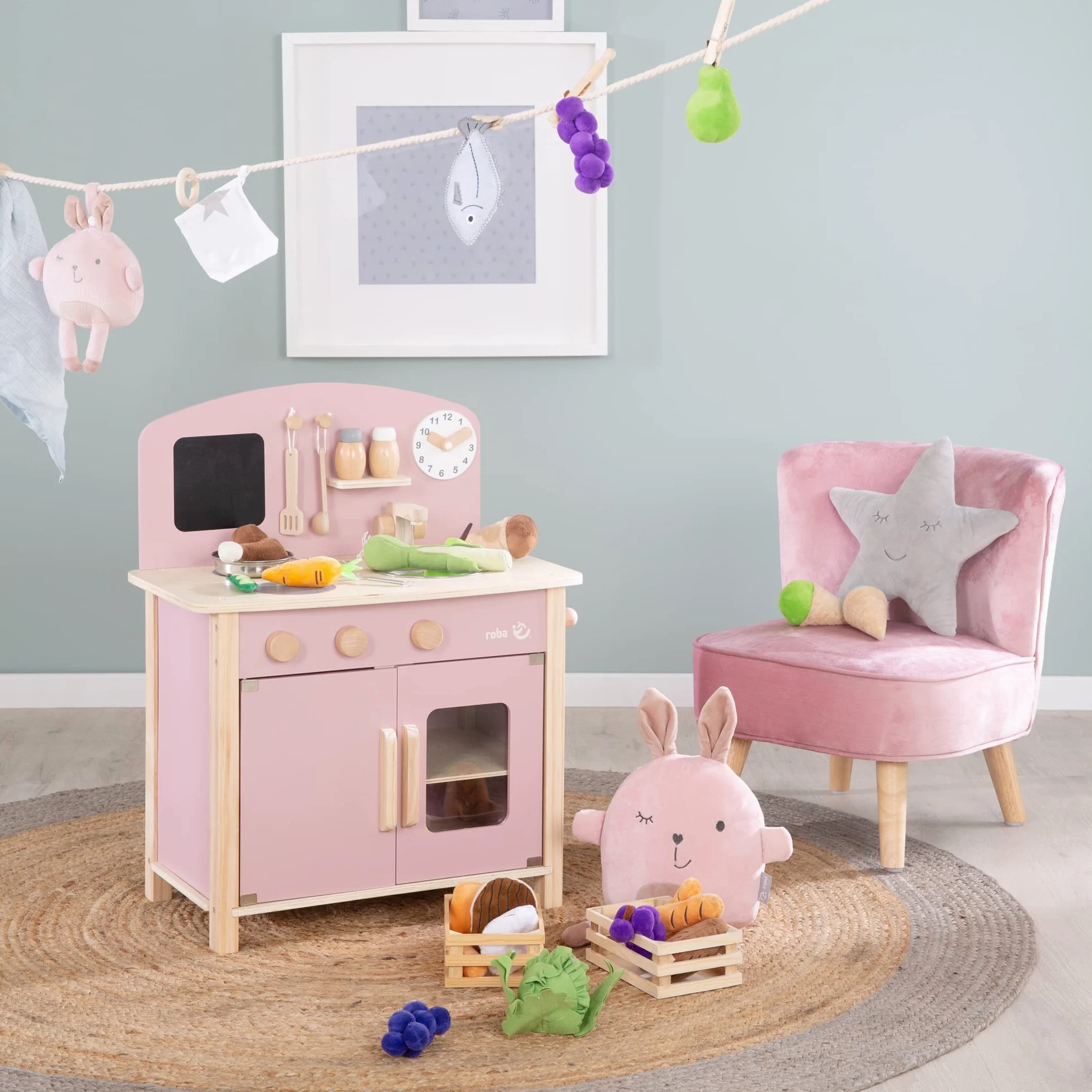 roba Cucina Giocattolo per Bambini, con Piano Cottura + Lavello, Accessori in Metallo e Legno, a Partire dai 3 Anni, Legno Naturale e Laccato Rosa
