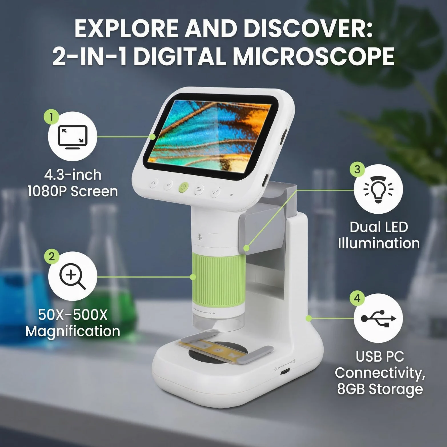 Tangxi Microscopio Digitale 2 in 1 Schermo IPS 1080P 4.3 Zoom da 50X a 500X con Scheda da 8 GB Doppie Luci a LED 5 Diapositive per L'esplorazione Scientifica dei Bambini