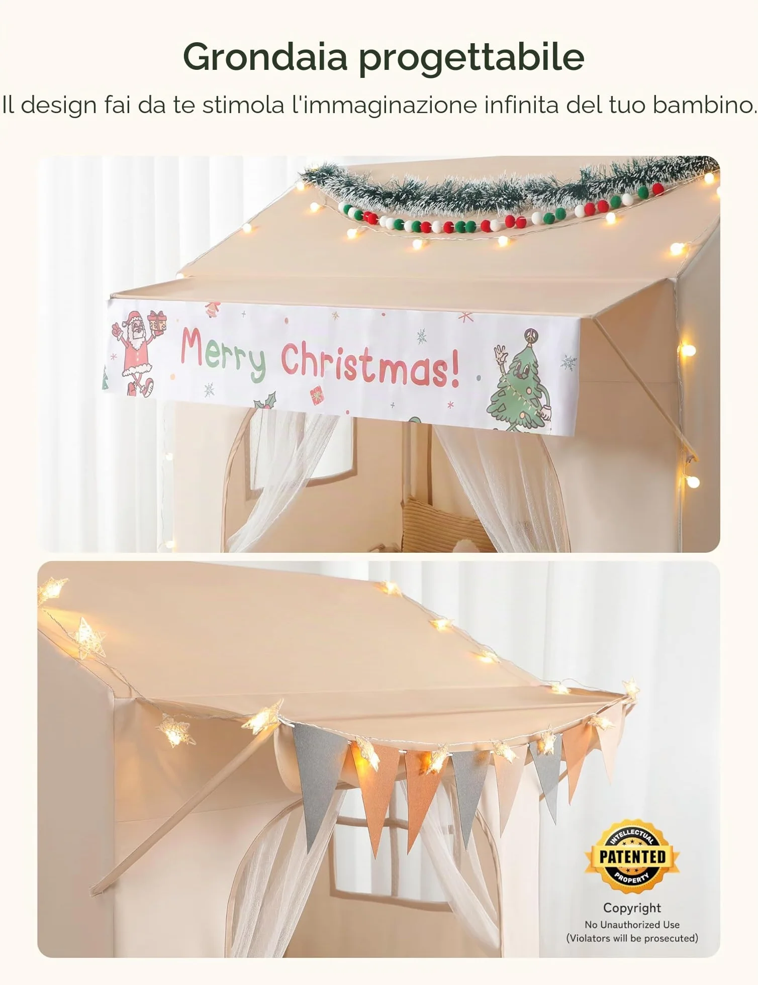 Besrey Tenda per Bambini 2-in-1, Tenda da Gioco con Tettoia per Interni ed Esterni, con Luci, Bandierine e Tappetino, Design Ampio per Lettura e Giochi Creativi - Regalo di Natale Ideale per Bambini