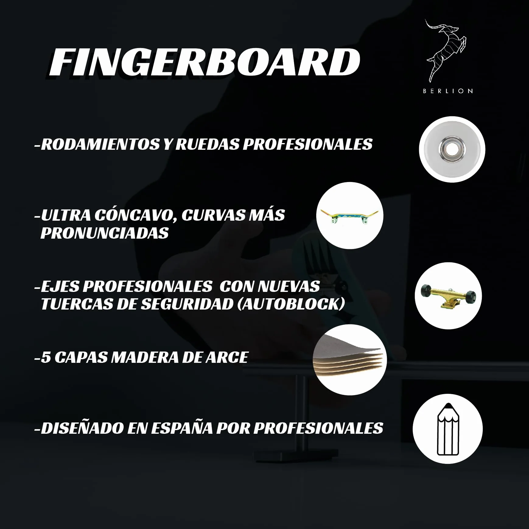 BERLION - Finger Skate Pro Ultrasconcavo in Legno, Mini Skateboard Piccolo, Ruote, Strumento Anti Stress (Multicolore)