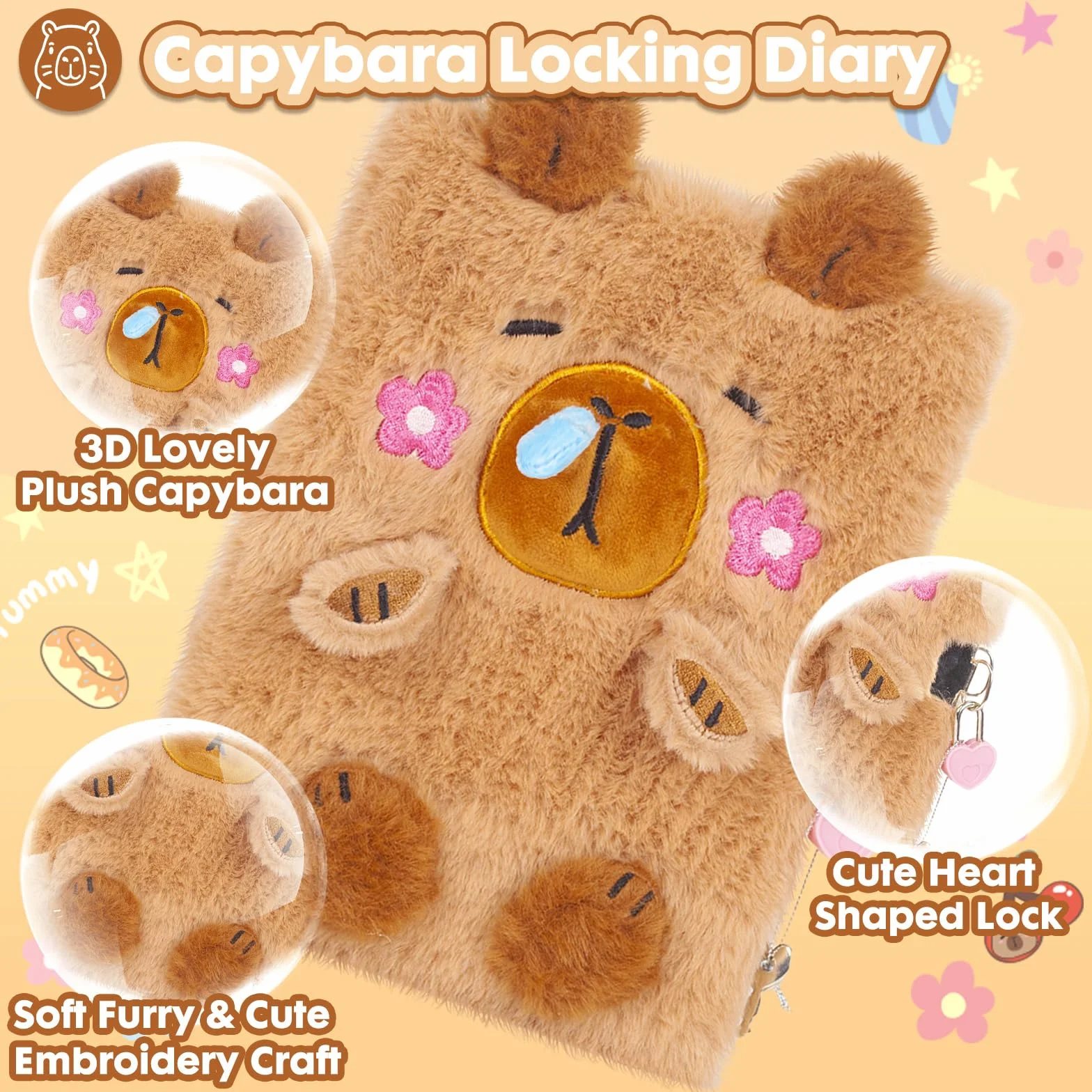 Capibara Plush Diary with Lock and Keys,160 Pagine Diario per Bambini con Chiusura Segreta, Taccuino di Peluche per Scrivere e Disegnare, Regali per Bambini