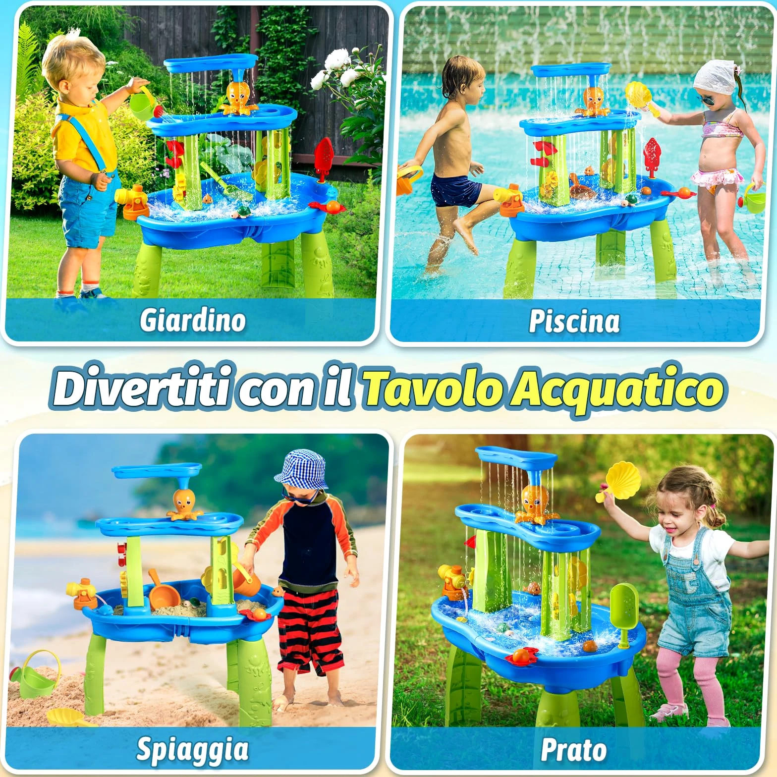 FRUSE Tavolo d'Acqua per Bambini a 3 Livelli per Bambini 3 4 5 6 Anni | Giochi Acqua, Attività Sensoriali, Facile da Montare e Pulire, Tavolo Acquatico, per Spiaggia, Giardino, da Interno e Esterno