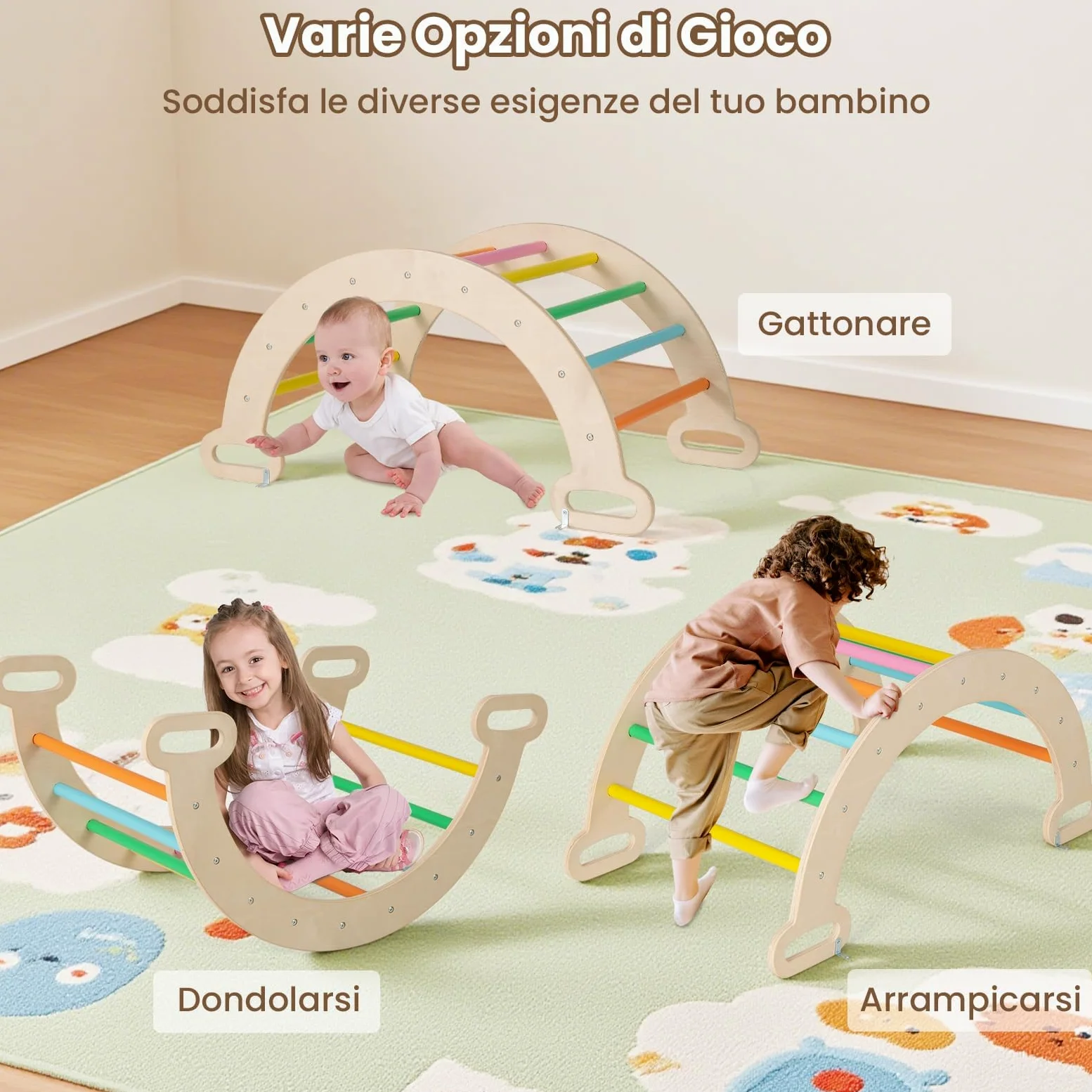 RELAX4LIFE 4 in 1 Triangolo da Arrampicata con Scivolo per Bambini, Arco da Arrampicata e Scala per Arrampicarsi in Legno, Montessori Giocattoli Bimbi 2 3 4 5 Anni