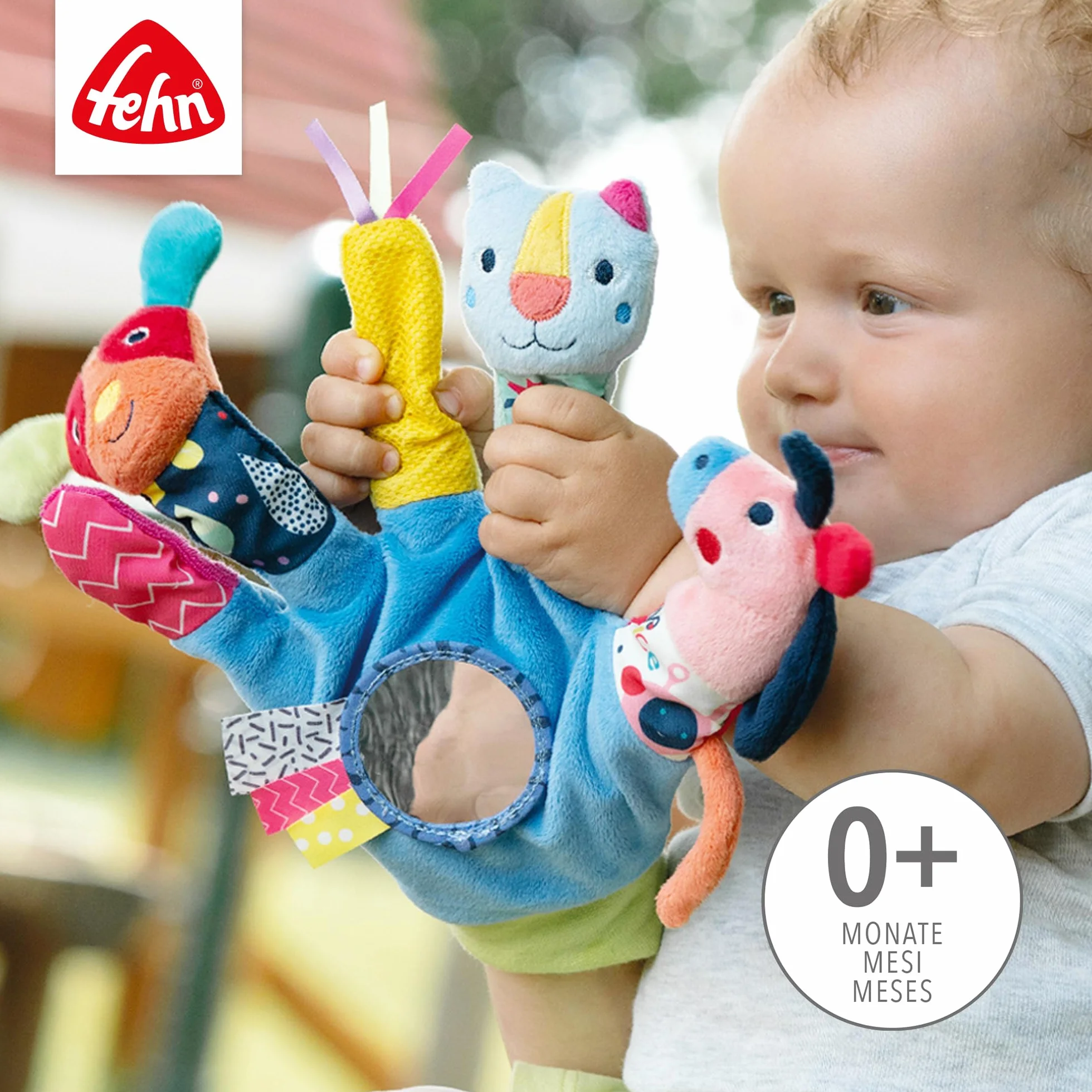 Fehn Color Friends Guanto da gioco con sonaglio e squeaker per bambini 0+ mesi