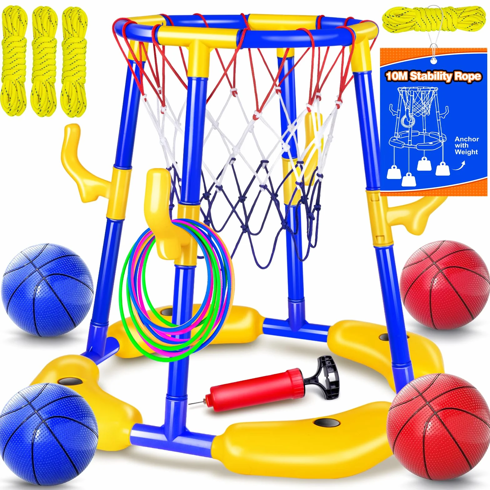 Set di canestro da basket per piscina Doviden _ Canestro da basket galleggiante per piscina con 4 palline da acqua, pompa e anelli, giocattolo da piscina 2-in-1 per adulti per adolescenti/bambini per