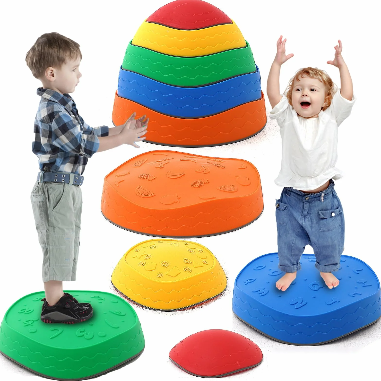 Pietre di Bilanciamento Bambini, 5 Pietre di Equilibrio Antiscivolo Impilabili, Percorsi Sensoriali Bilanciamento Bambini, Giochi Ostacoli per Interni ed Esterni, Promuove l'equilibrio e Coordinazione