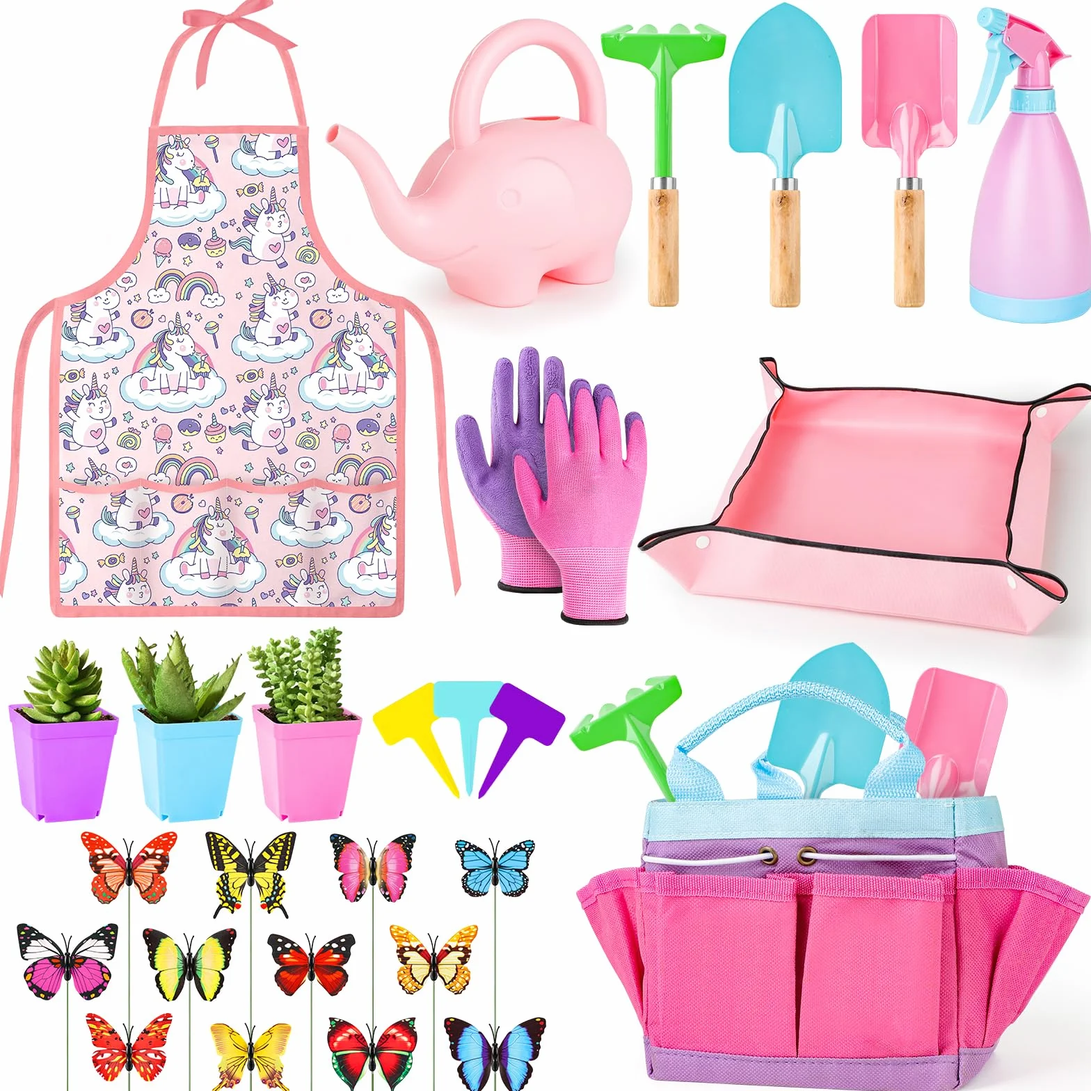 deAO Set di Attrezzi da Giardinaggio, per Bambini, inlcuso Pala Sicura, Rastrello,Forcella, Guanti, Grembiule, Annaffiatoio e Borsa in Tela, Kit per Il Giardinaggio Adatto a Ragazzi e Ragazze, Rosa