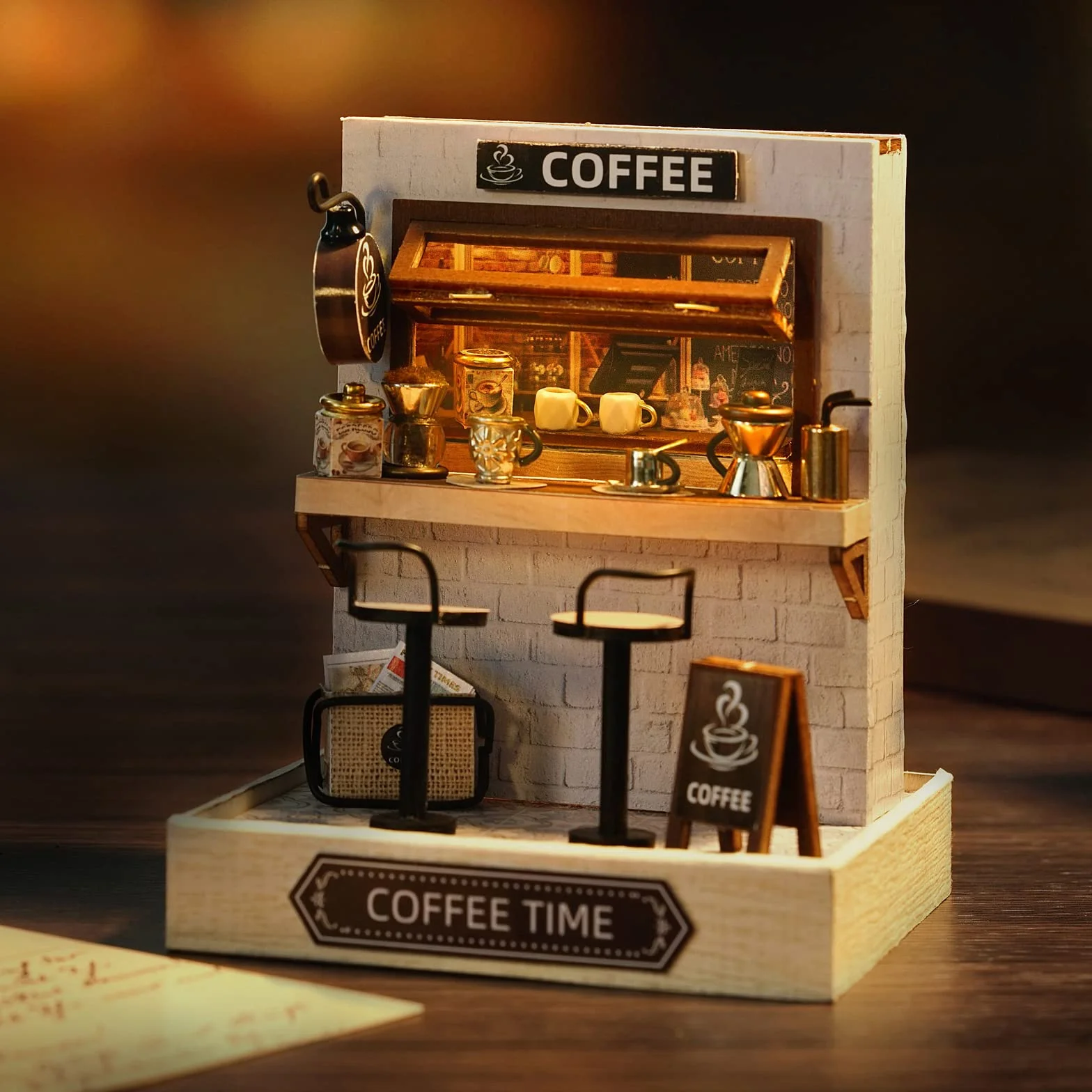 CUTEROOM Miniatura casa delle Bambole con mobili,Fai da Te in Miniatura Casa delle Bambole Kit,Mini 3D Casa in Legno con Luci A LED - Regalo di Compleanno di Natale (Coffee)