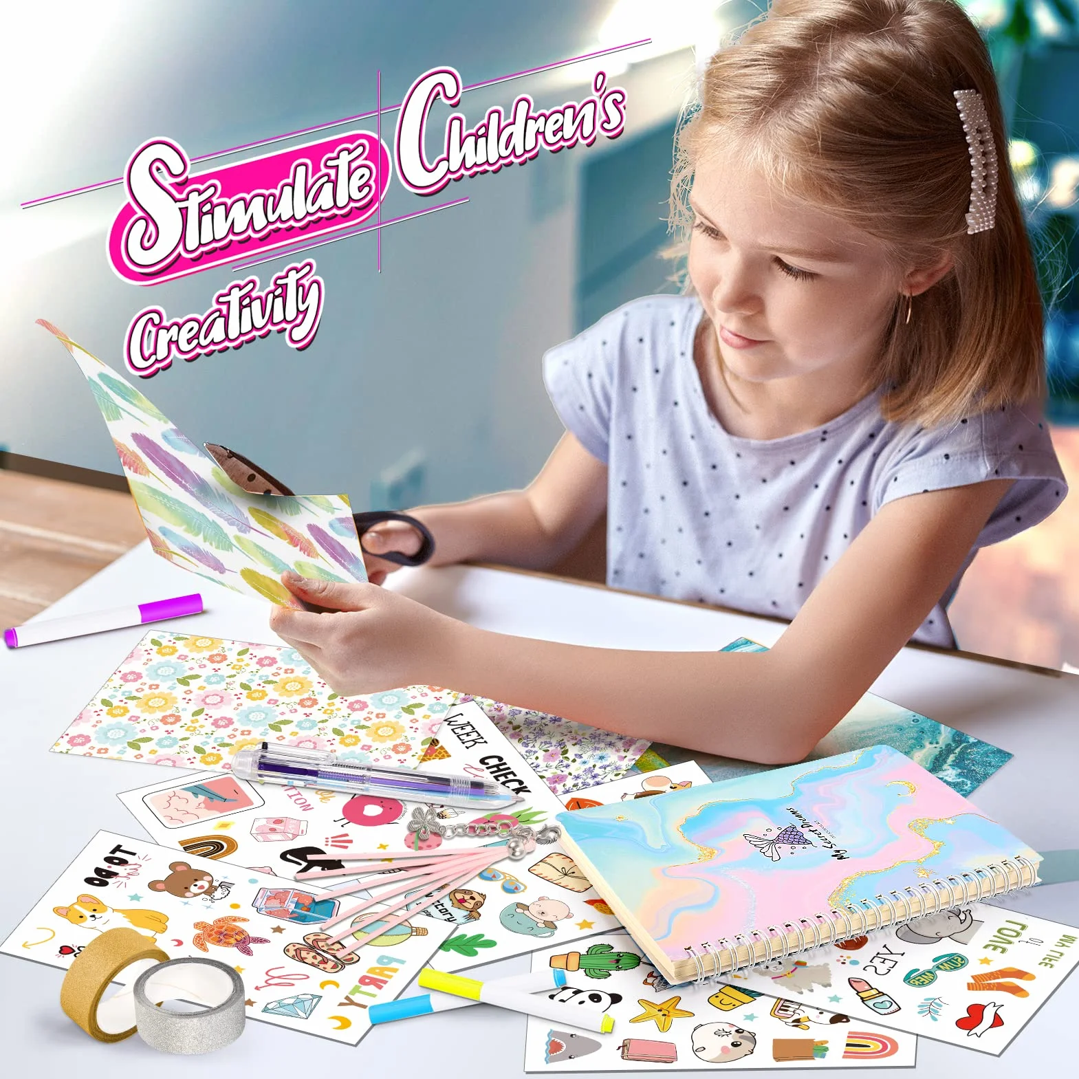 HappyKidsClub Regalo Bambina 4-10 Anni, Diario Segreto Scrapbooking Giochi 6-10 Anni Femmina, Cancelleria Gadget Compleanno Bullet Journal