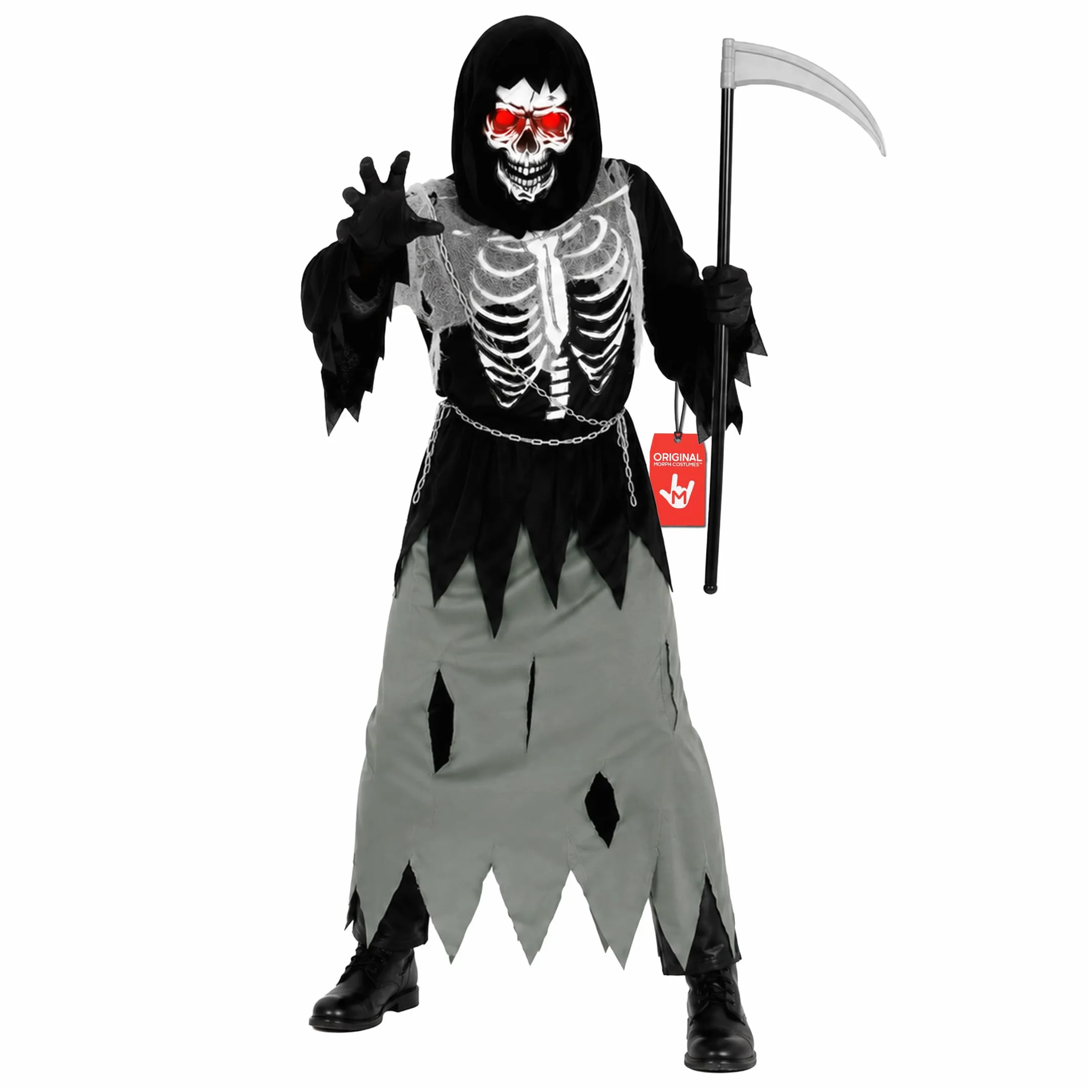 Morph Costume Morte Bambino, Costume Mietitore Halloween Bambino | Veste con Cappuccio, Catena, Falce & Occhiali LED, Perfetto per Halloween, Ideale per il Gioco di Ruolo