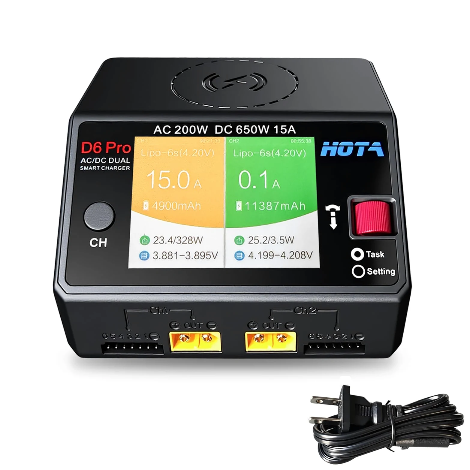 HOTA D6 Pro Lipo Caricabatterie intelligente a doppio canale AC200W DC650W 15A per LiHv Nicd NiMH Lipo RC Caricabatterie con Balance Phone Ricarica wireless RC Auto RC Barca FPV Race Drone Parti Nero