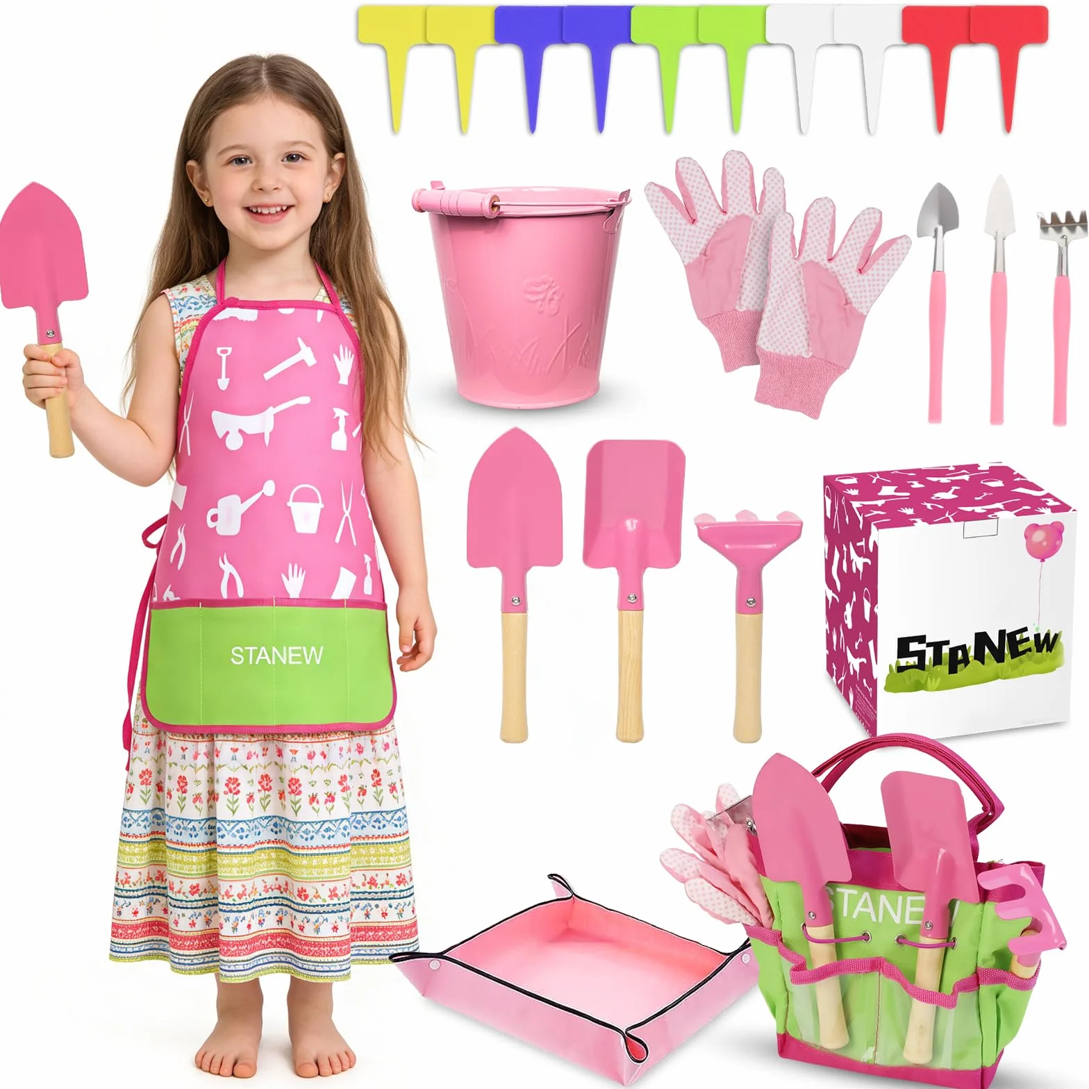 Stanew Set di Attrezzi da Giardino per Bambini, Set Giardino Bambini, Kit Giardinaggio Bambini (Rosa) Include Secchio, Grembiule,Guanti da Giardino per Bambini,Paletta Giardinaggio,Borsa da Giardino