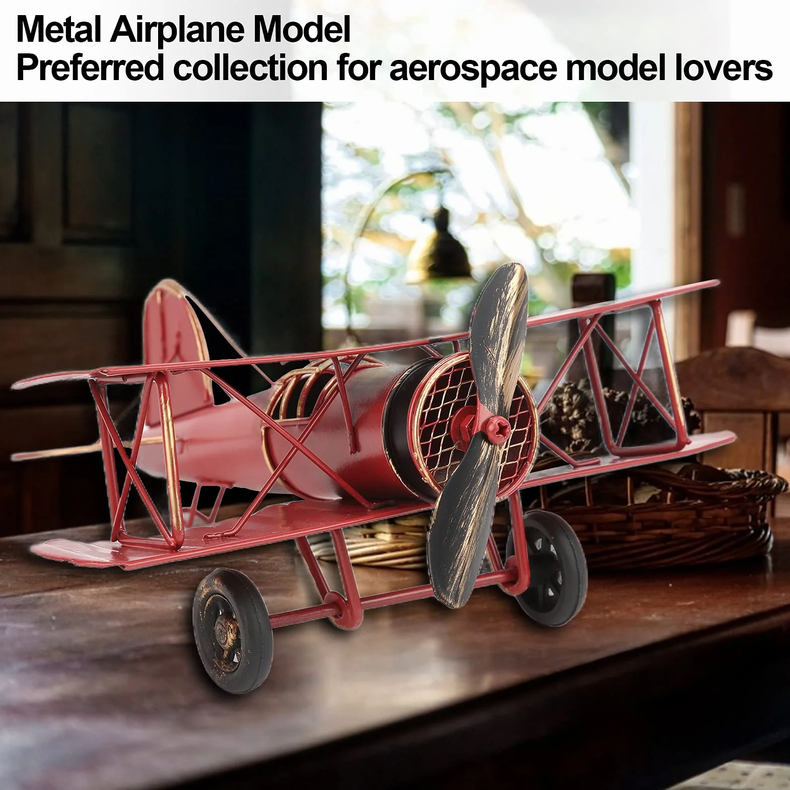 Modello Aeroplano retrò Biplane Vintage Artigianale Delicato Tricolore Decorazione Ornamento Rosso