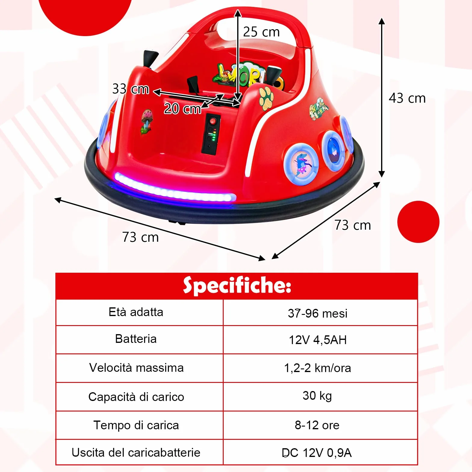 Auto Elettrica 12V per Bambini 3+ con Telecomando 2,4G, Rotazione 360°, Luci e Musica, 73x73x43 cm Rosso