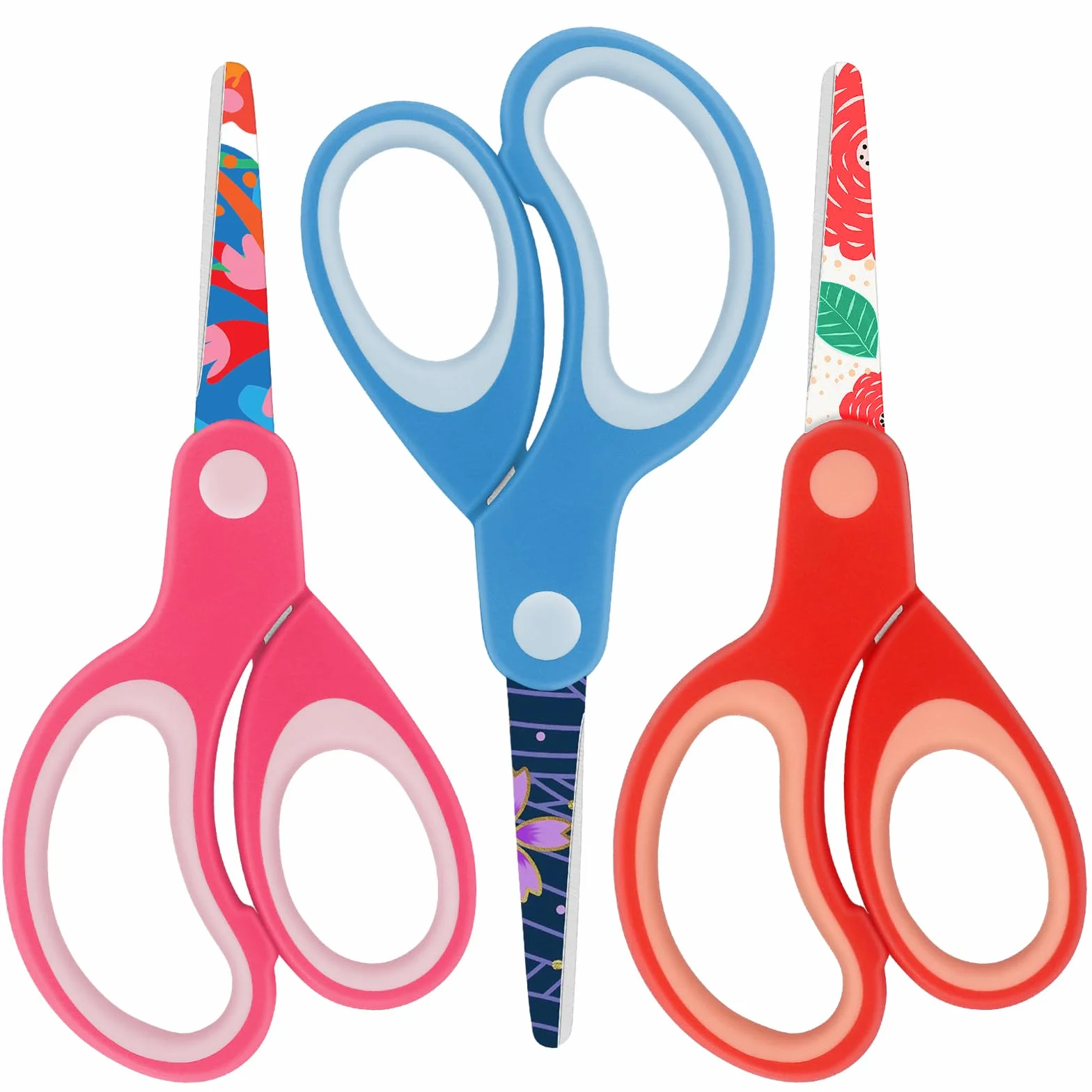 Forbici per bambini sinistri, forbice di sicurezza, artigianali smussate con motivo, ideali per casa e scuola, colori assortiti, 13,5 cm, 3 pezzi