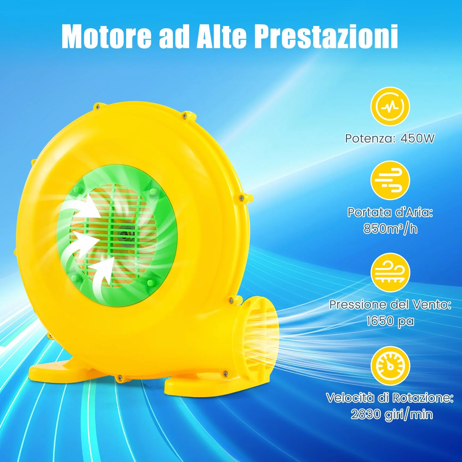 COSTWAY Ventilatore di Aria del Castello Gonfiabile, Soffiatore per Giochi Gonfiabili con Cavo di Alimentazione, Picchetti da Terreno, per Castello Gonfiabile, Scivolo Acquatico 450W