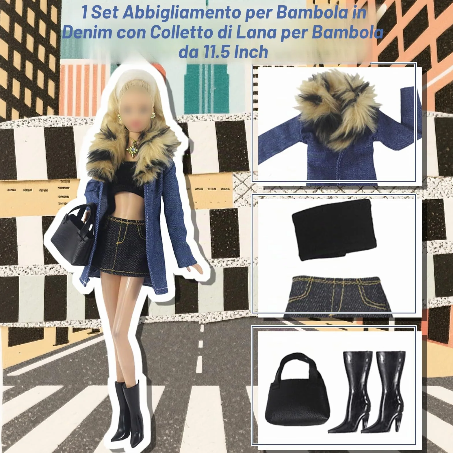 Set di 18 vestiti per bambola, elegante con colletto in pelle di jeans, mantello in pelliccia, abbigliamento sportivo per la casa