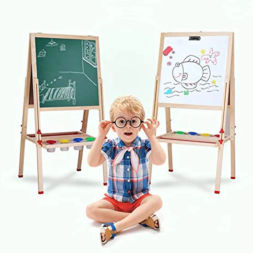 Lavagna per bambini a doppio lato 3 in 1 set 30 accessori legno magnetico bianco nero cavalletto 3-12 anni
