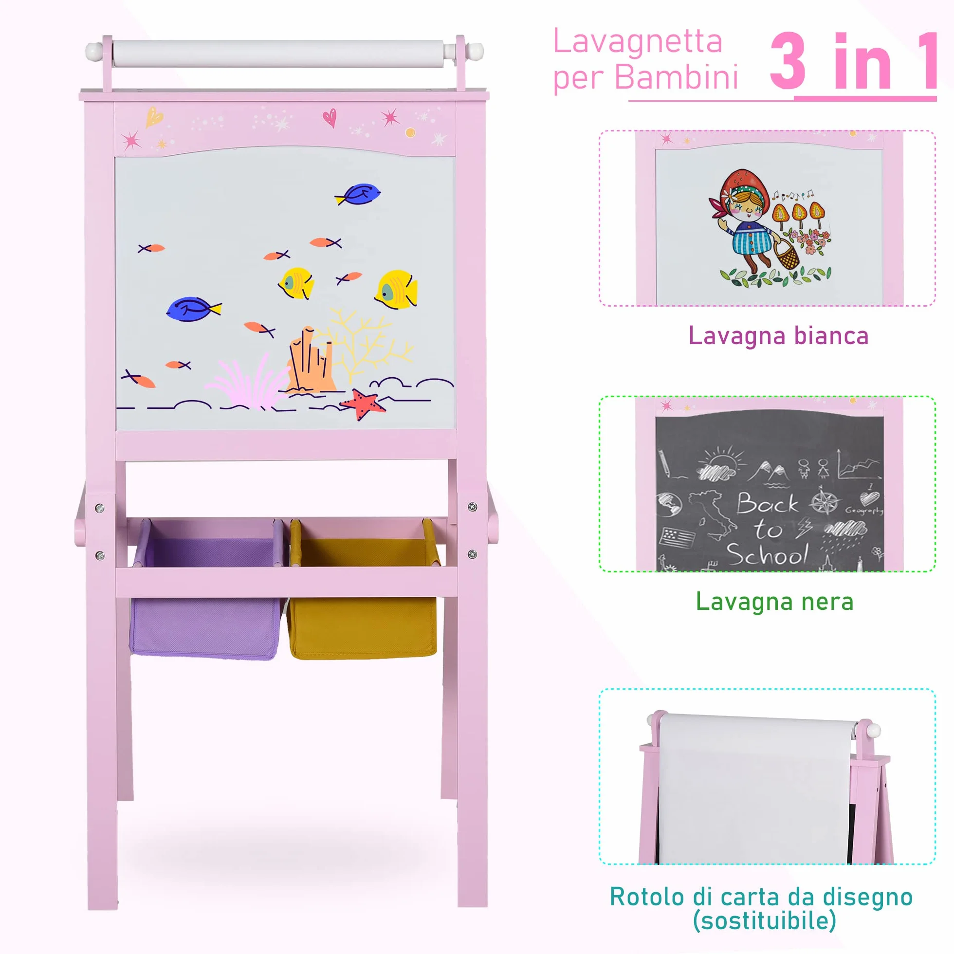 HOMCOM Lavagnetta per Bambini in Legno Rosa 3 in 1 Cavalletto Lavagna Bianca Nera Rullo Fogli