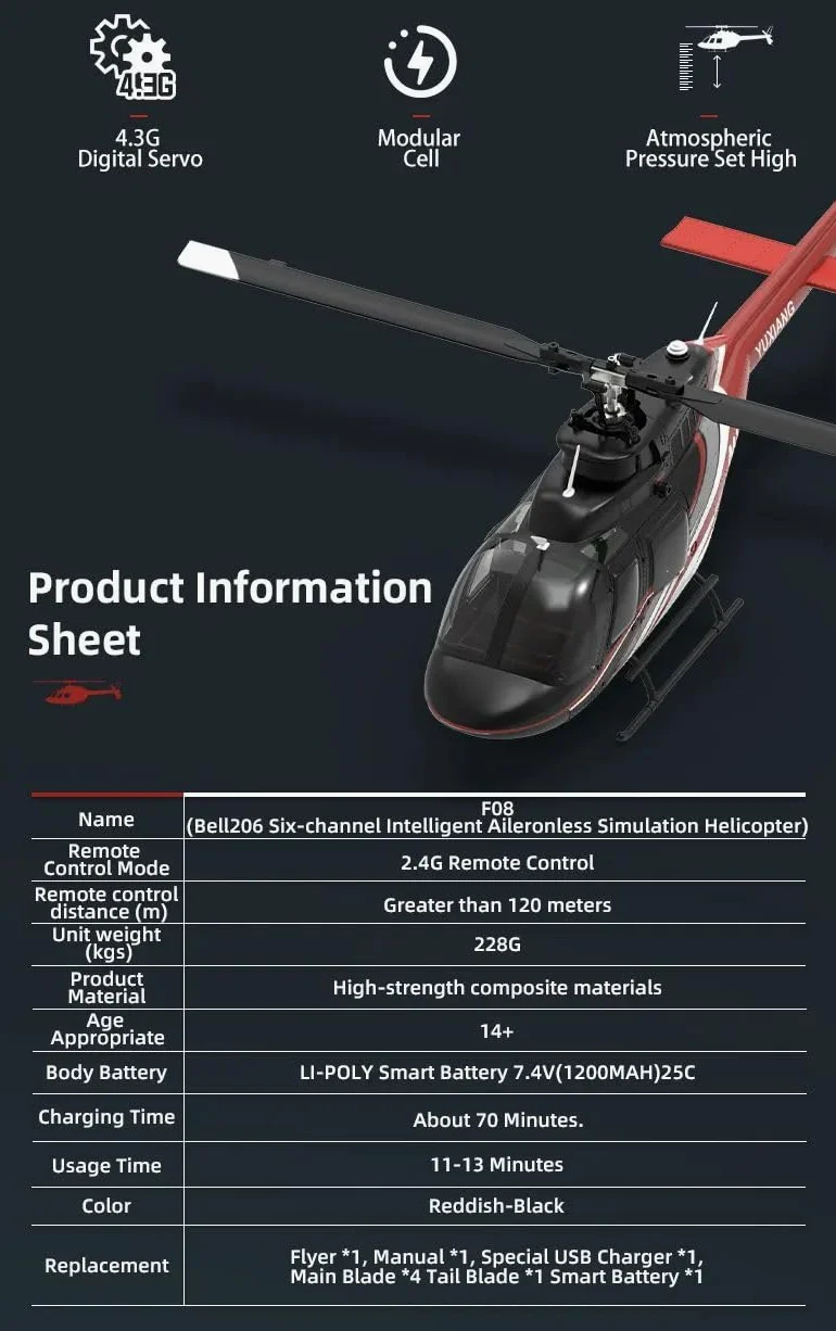 NULA YUXIANG F08 Bell 206 RC elicottero adulto 1/27 2.4G 6H 6G/3D Flybarless RTF senza spazzole elicottero militare radiocomandato con posizionamento ottico del flusso - 2 batterie