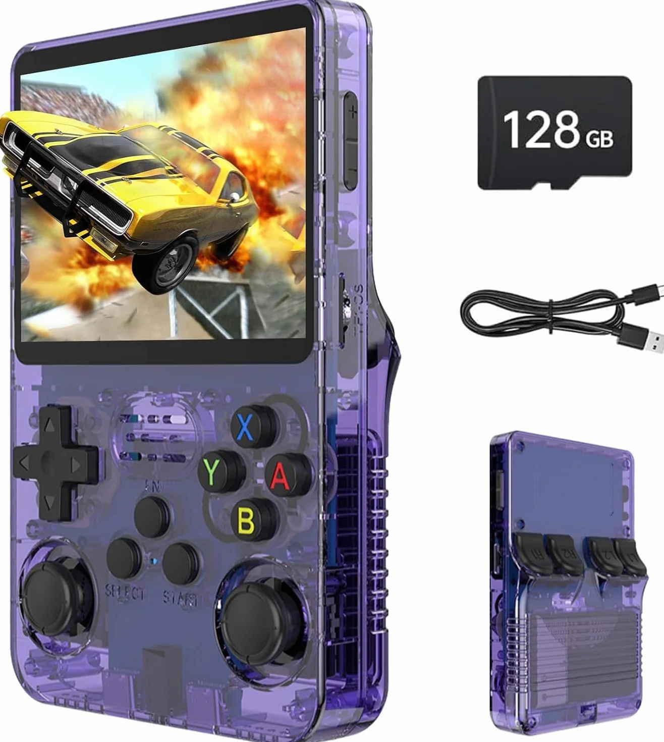 Console di gioco portatile retrò R36S, console di gioco retrò con schermo IPS da 4,0", oltre 30 emulatori tradizionali, oltre 22.000 giochi classici, scheda SD 128 GB, batteria da 4000 mAh - Viola