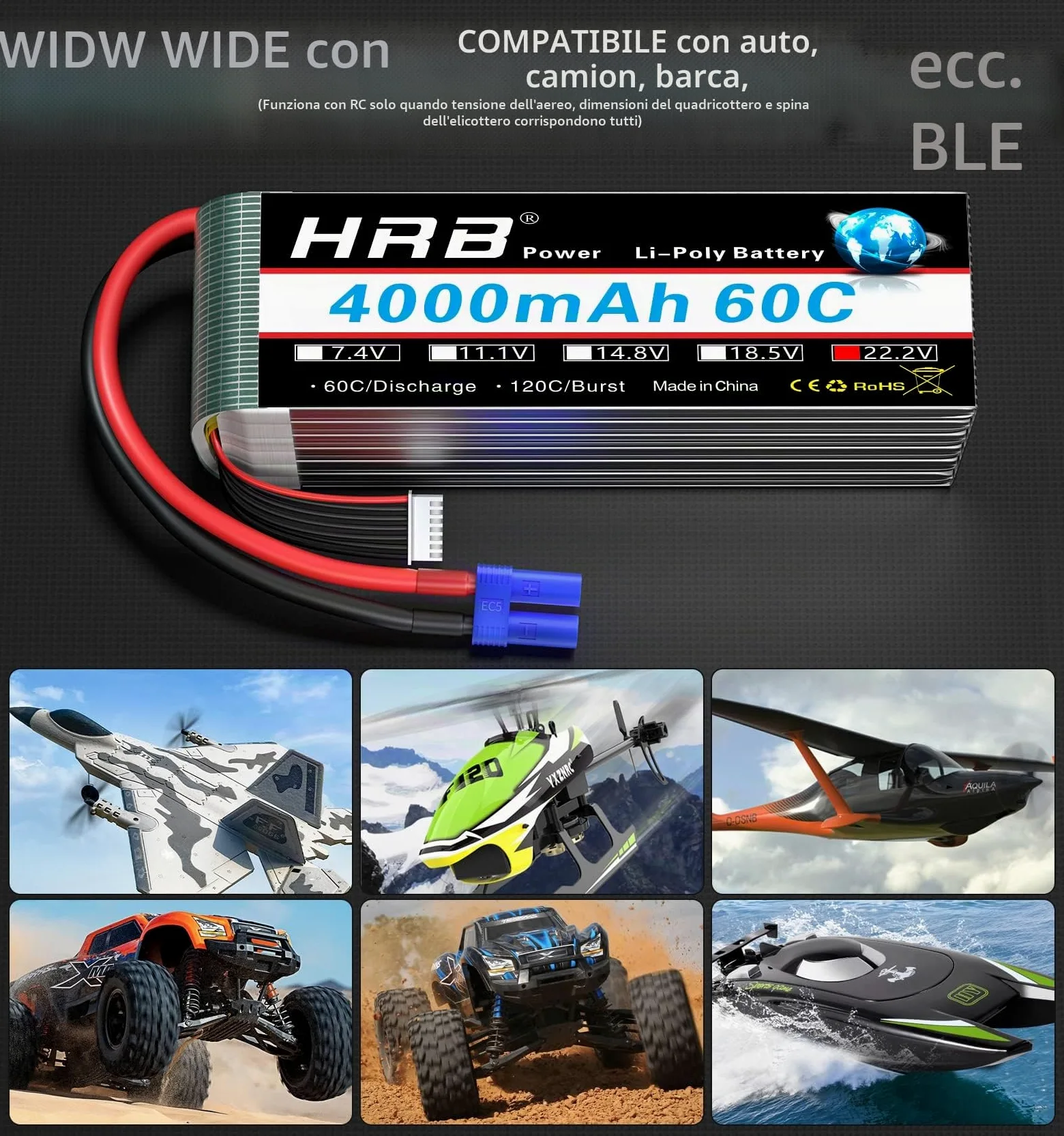 HRB 2pcs 6S 22.2V 4000mAh 60C Lipo batteria con spina EC5 per RC Quadcopter elicottero auto camion barca hobby