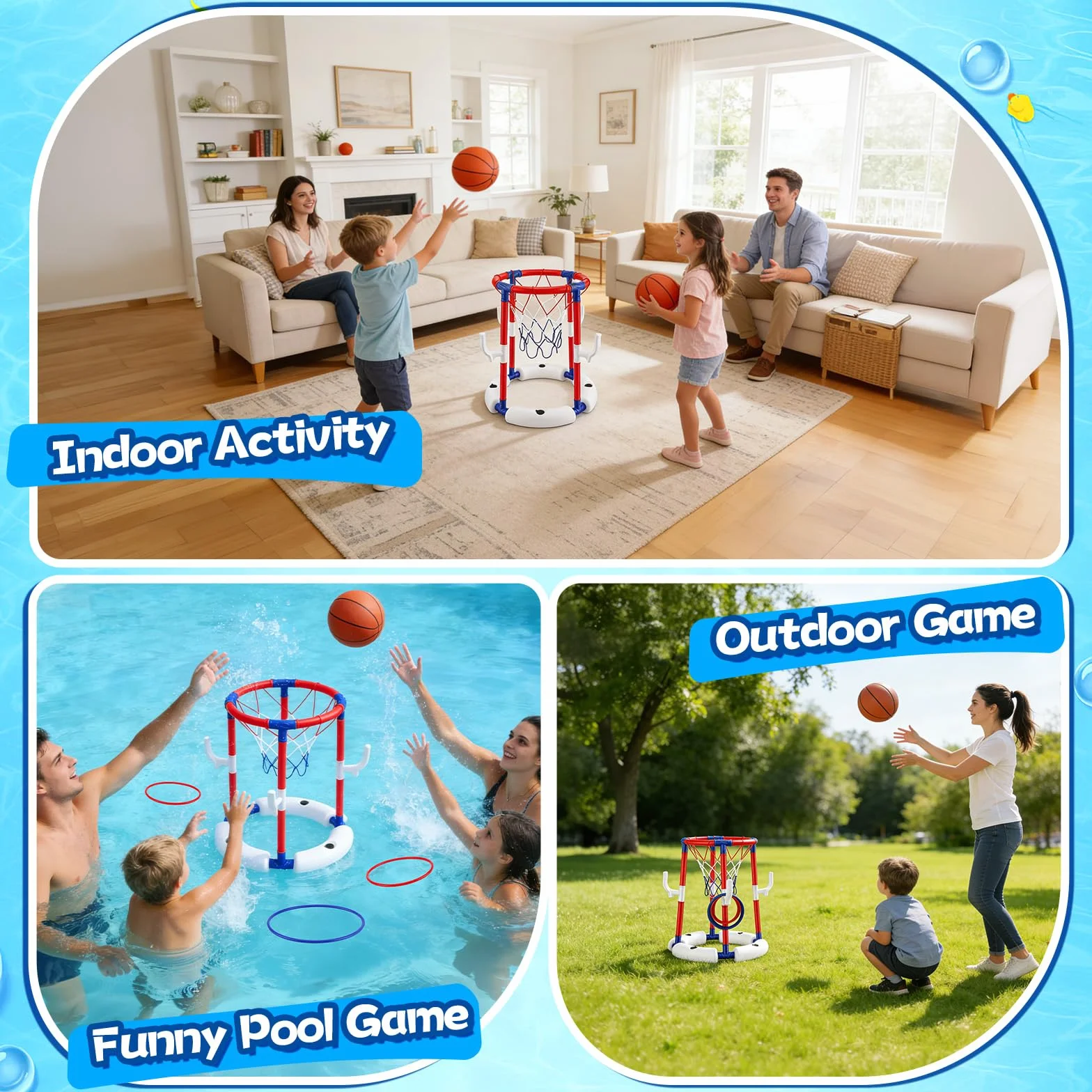 Canestro da Basket per Piscina 2-in-1, Galleggianti per Piscina per Bambini e Adulti, con 4 Palloni 12 Anelli, Gioco Acqua Cerchi da Lancio, Canestro Basket Bambini per Estate e Divertimento in Acqua