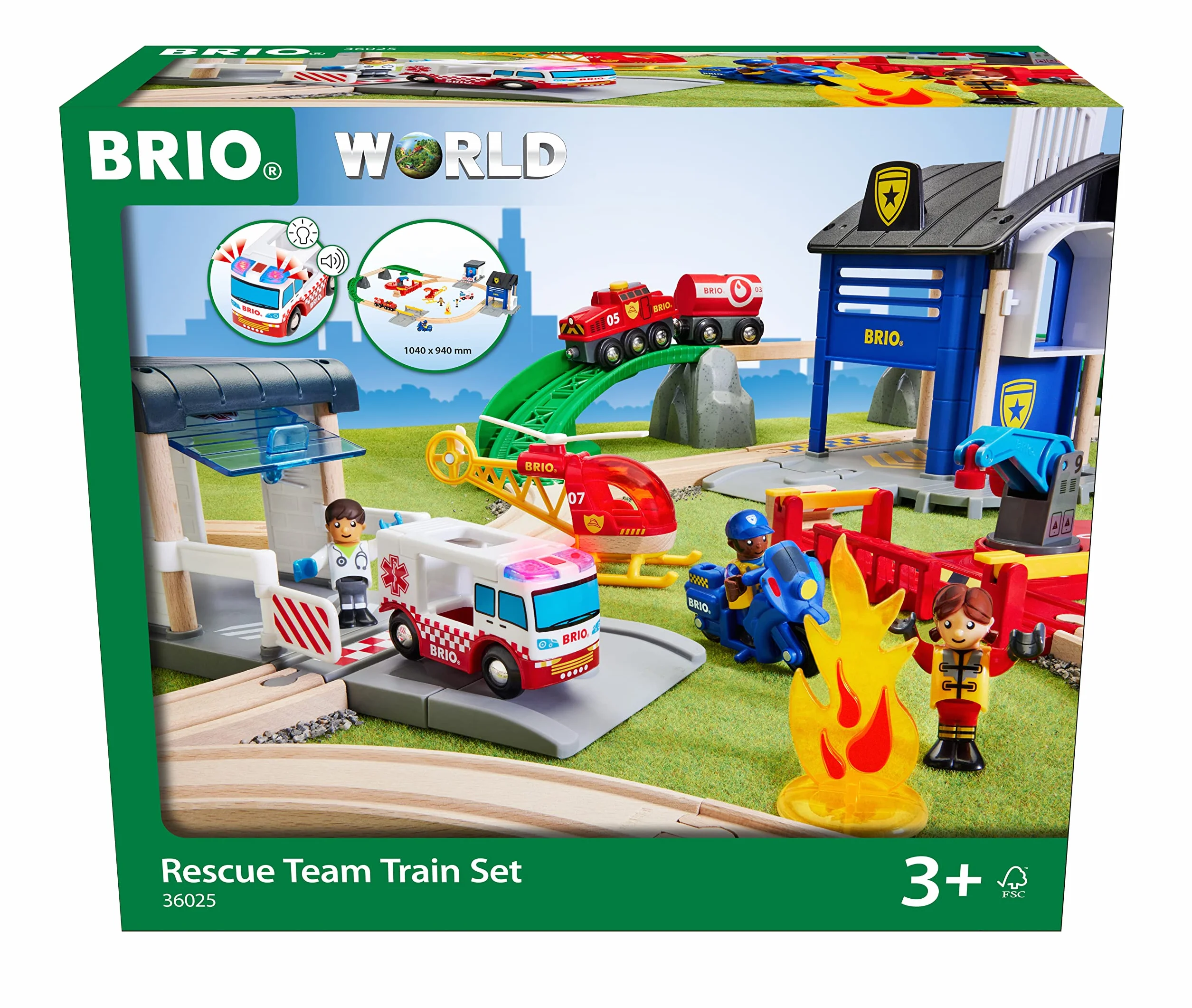BRIO World 36025 Police and Fire Set Deluxe - Grande kit di soccorso con stazione di polizia, treno dei pompieri, elicottero antincendio e ambulanza - Consigliato per bambini dai 3 anni in su