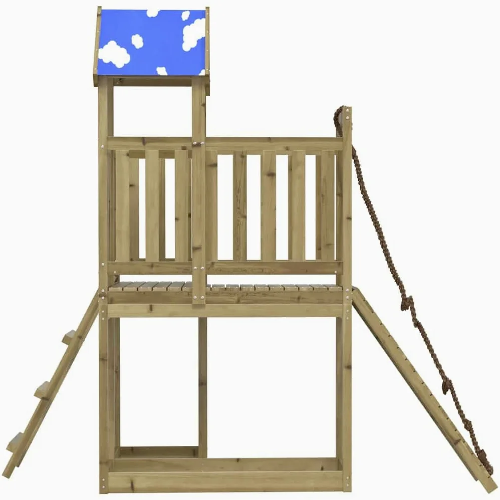 Torre gioco in legno di pino impregnato con piattaforma da 90 cm, rampa da arrampicata, scala e sabbiere, con tetto a nuvola e ringhiera di sicurezza per esterni