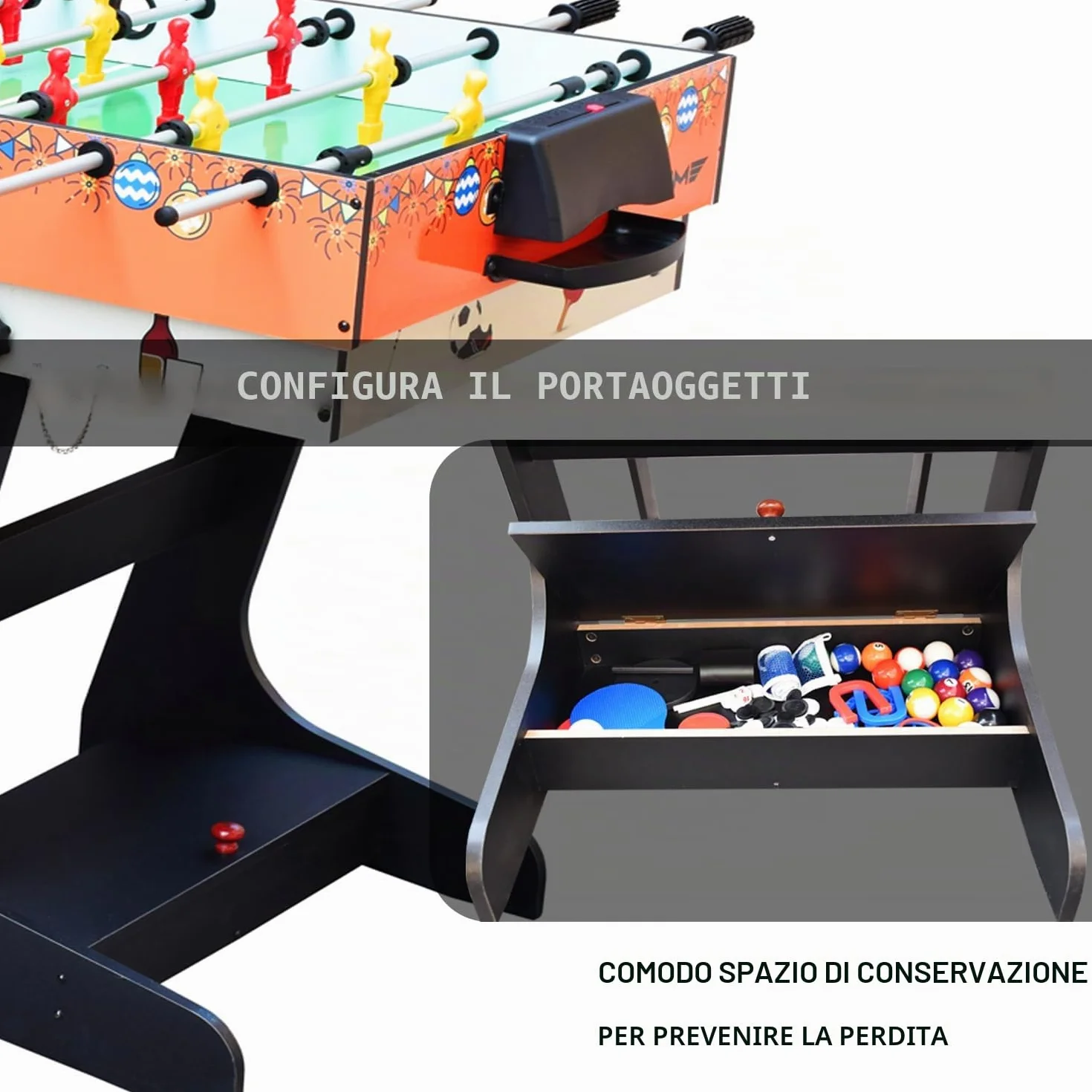 OYE 4FT 8 in 1 Gioco da tavolo pieghevole multifunzionale - Calcio balilla (calcetto)/Ping pong/Air hockey/Tavolo da biliardo, MDF