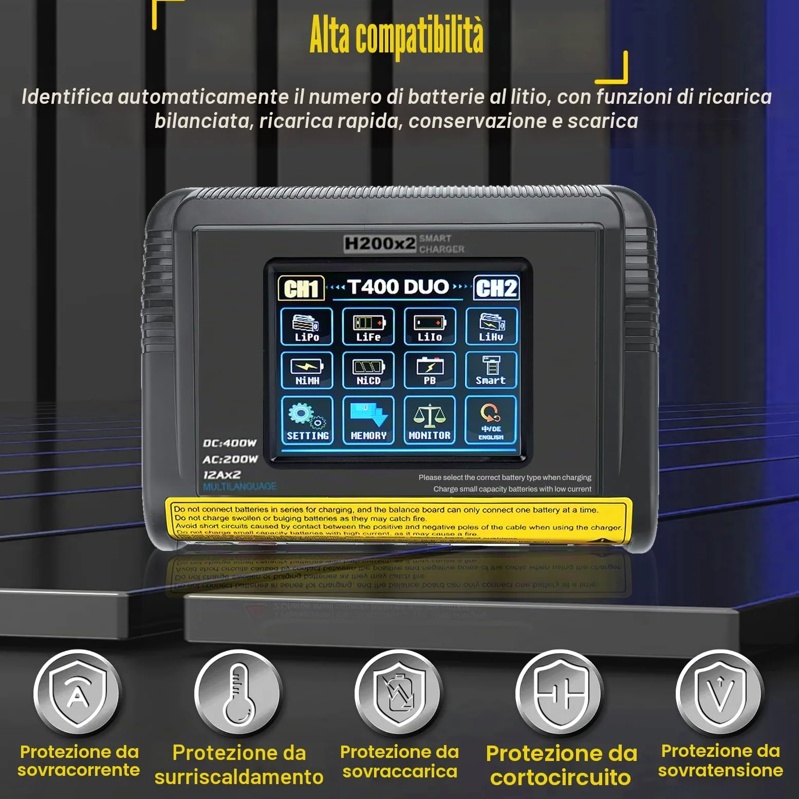 Caricabatterie lipo T400 AC200W/DC400W 12A,lipo caricatore bilanciato doppio scarico 3,2 pollici a colori touch screen scaricatore per LiPo/Lilon/LiFe/NiMH/NiCd/PB/NiMH