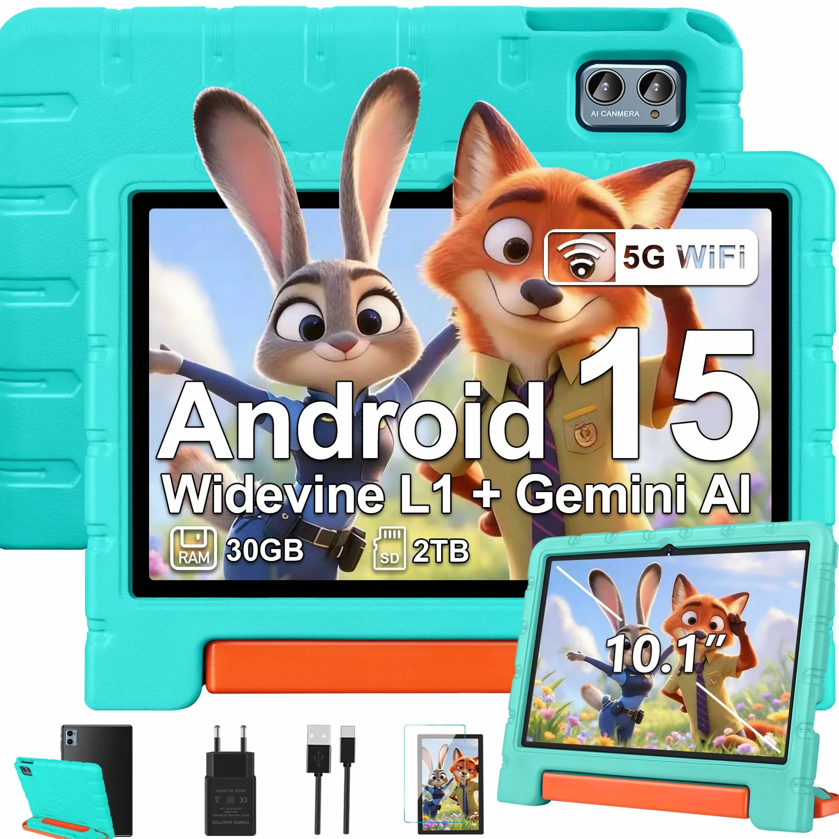 ZIOVO Tablet Bambini 10 Pollici Tablets Android 15, 30GB RAM+64GB ROM(TF 2TB), 5G WiFi Tablets,Gemini AI/Octa-Core/Widevine L1/Face ID/Parentale Controllo/6000 mAh/BT 5.0, Tablet con Eva Caso-Verde