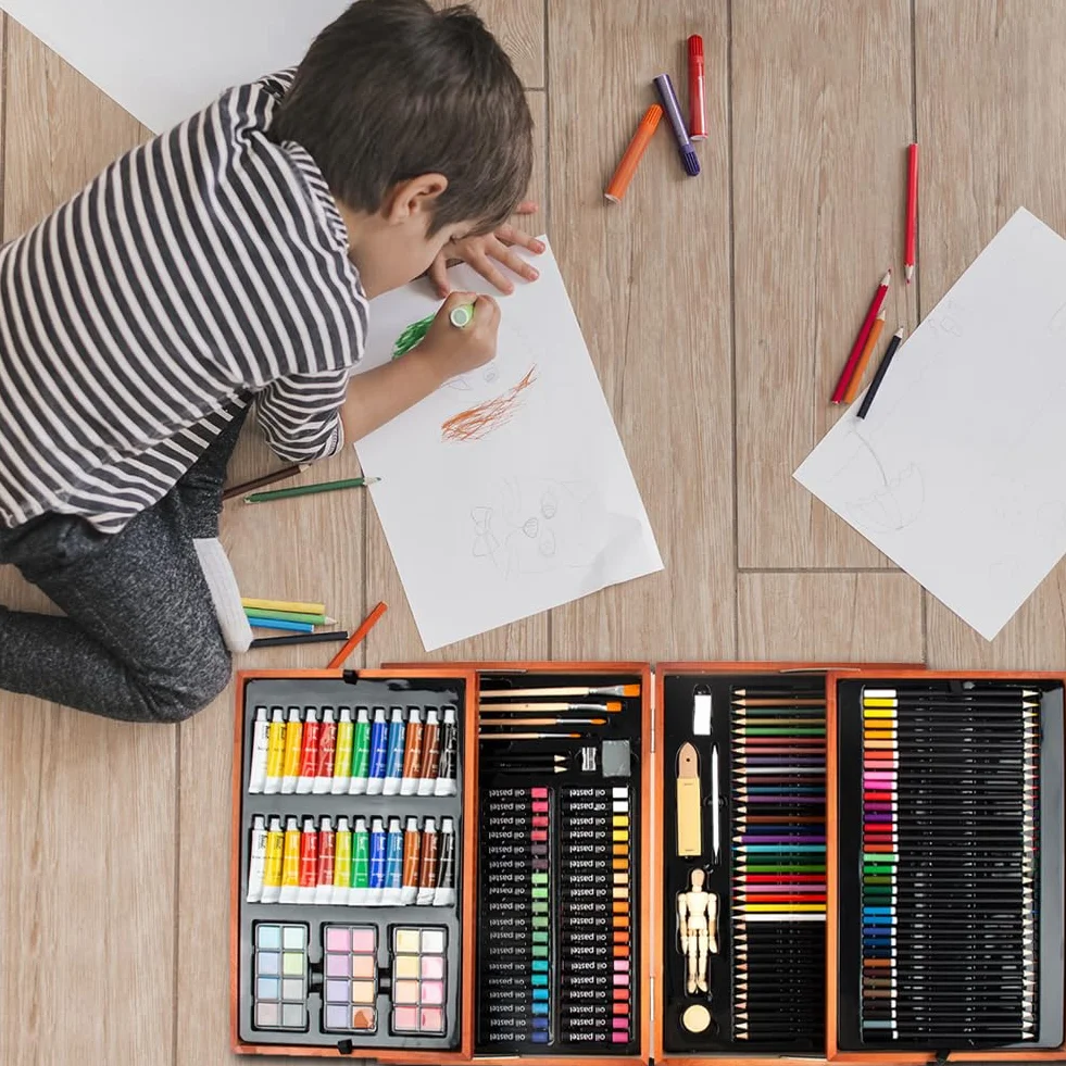 BAKAJI Valigetta Pittore in Legno Professionale 185 Pz, Set Artistico con Pastelli ad Olio, Acquerelli, Matite Colorate, Pittura Acrilica, Custodia Portatile