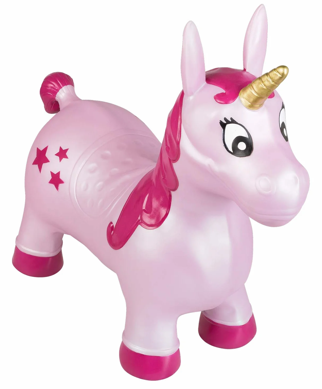 Idena 40133 - Cavallo gonfiabile unicorno rosa con stelle, con pompa ad aria, portata fino a 50 kg, perfetto per interni ed esterni, nel parco o nella scuola materna, ca. 59 x 23 x 53 cm