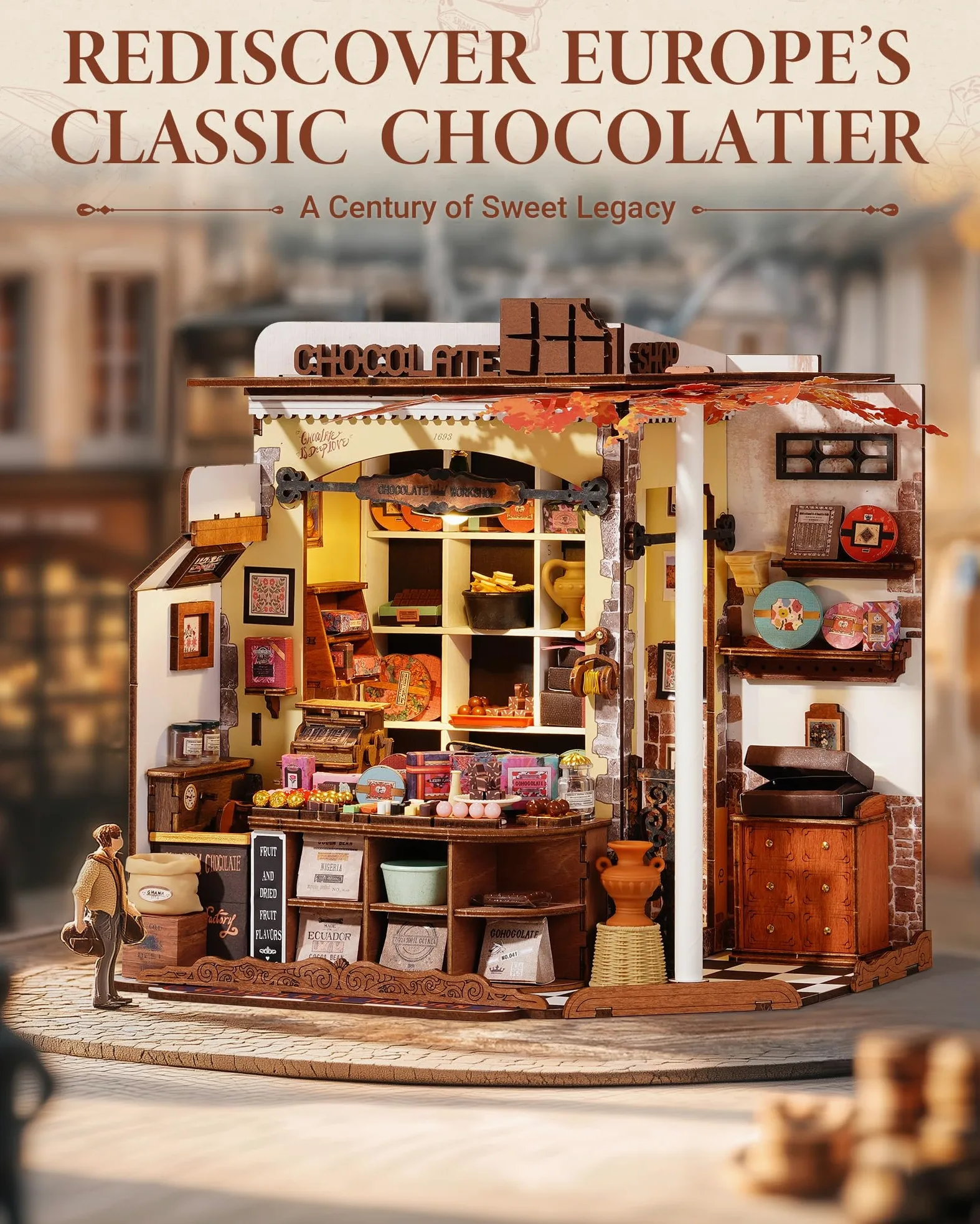 ROBOTIME Kit Casa delle Bambole in Miniatura Henry’s Chocolate, Fai-da-te in Legno con LED, Modellismo da Costruire Adulti, Regalo Creativo per Adulti e Adolescenti