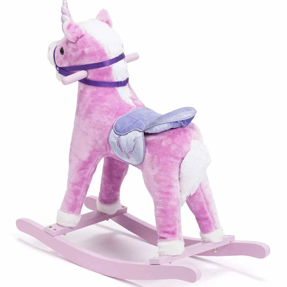 BAKAJI Cavallo a Dondolo per Bambini con Suoni Realistici, Animale che Nitrisce e Muove la bocca Struttura in Legno e Tessuto, Unicorno Peluche Rosa, Giochi Infanzia