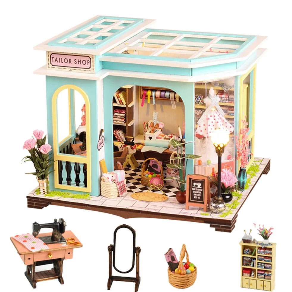 Accessori per casa delle bambole in legno, kit fai da te in miniatura per adulti, kit creativo per sartoria piccola casa con mobili e luci a LED, regalo di compleanno da donna
