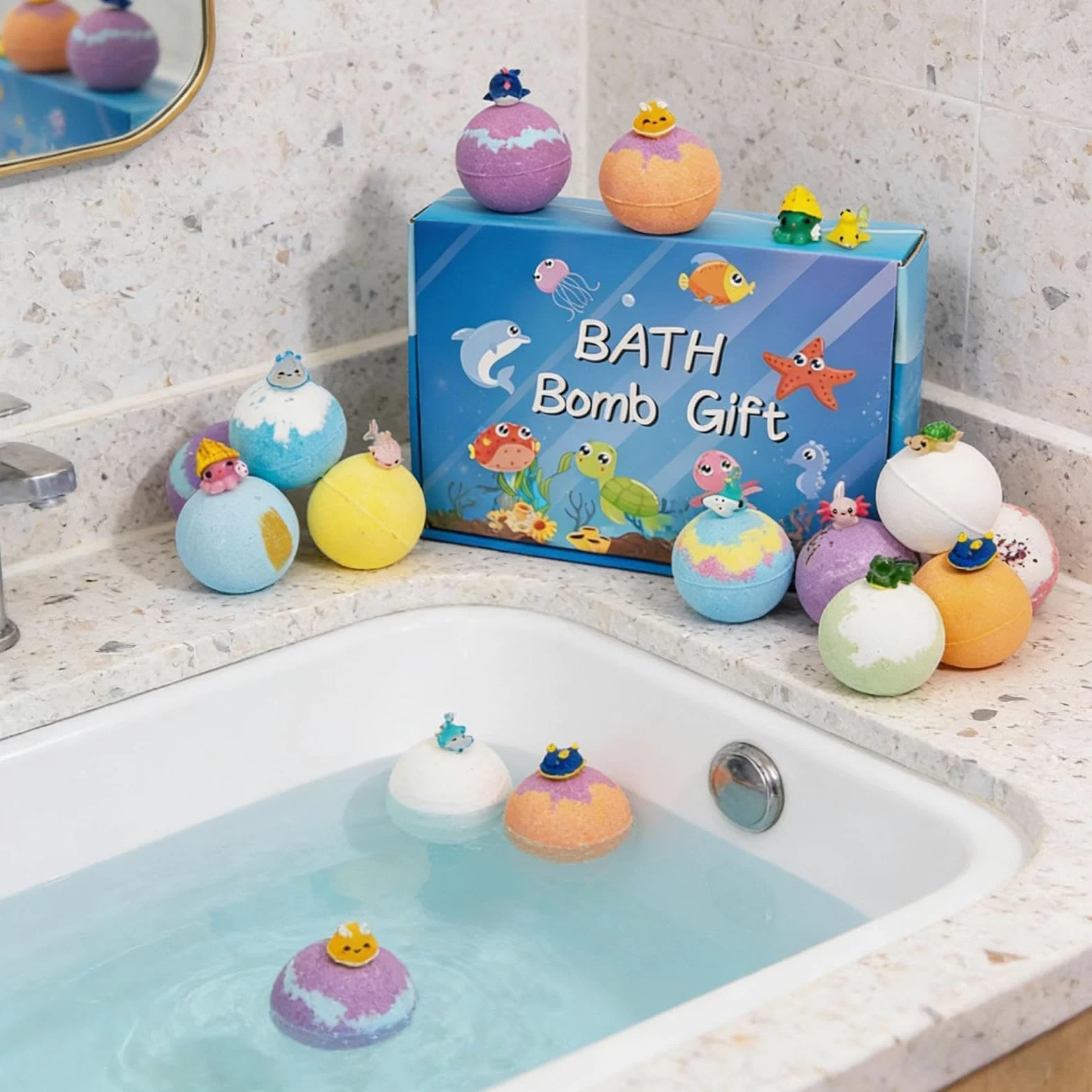 Confezione da 12 palline da bagno con giocattoli a sorpresa all'interno, sicure per i bambini, ideali per il bagno, divertimento in famiglia, giardino, piscina e casa