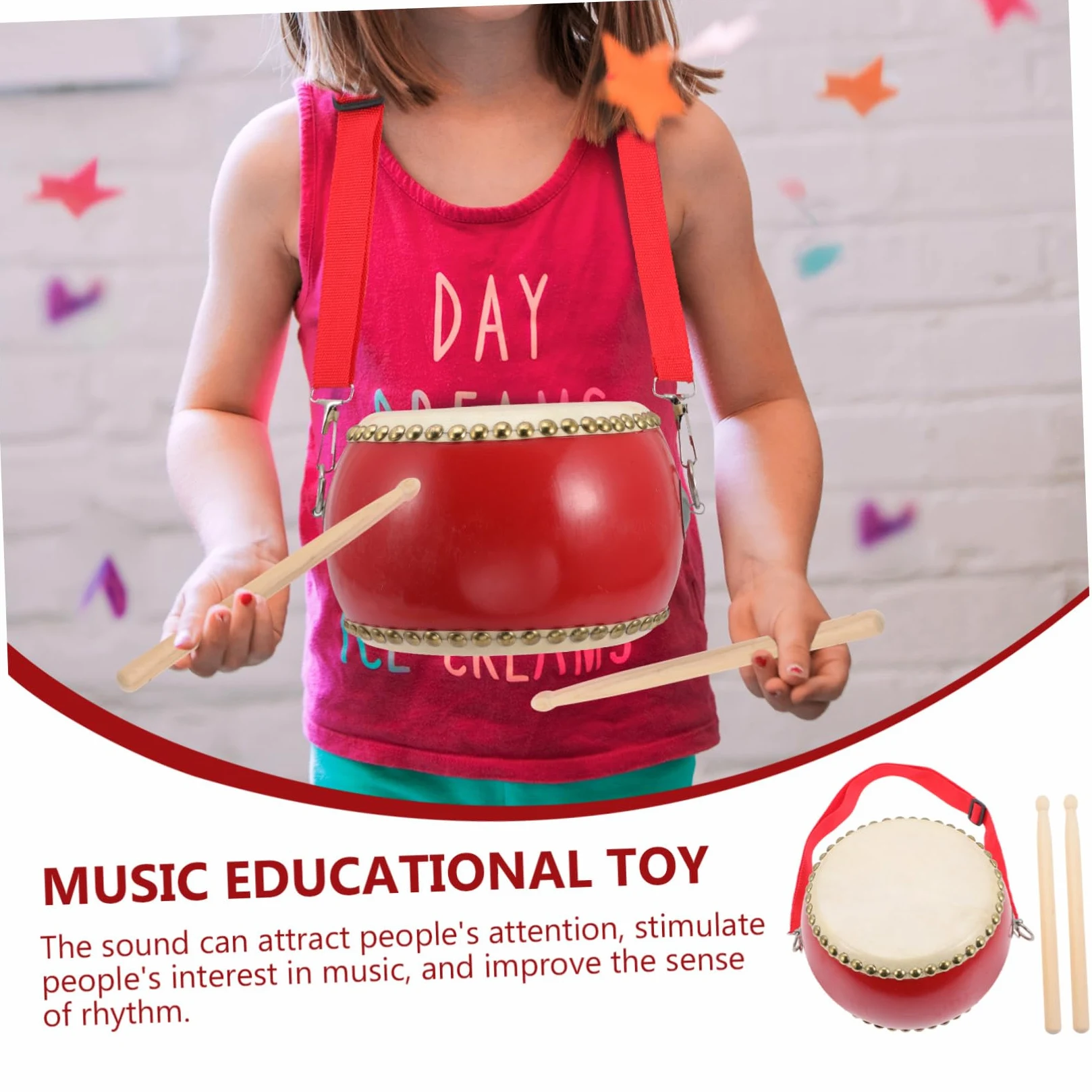 Tamburo Giocattolo in Pelle di Mucca in Legno Rosso | Strumento Percussione Musicale, per Feste di Celebrazione, per Bambini e Adulti