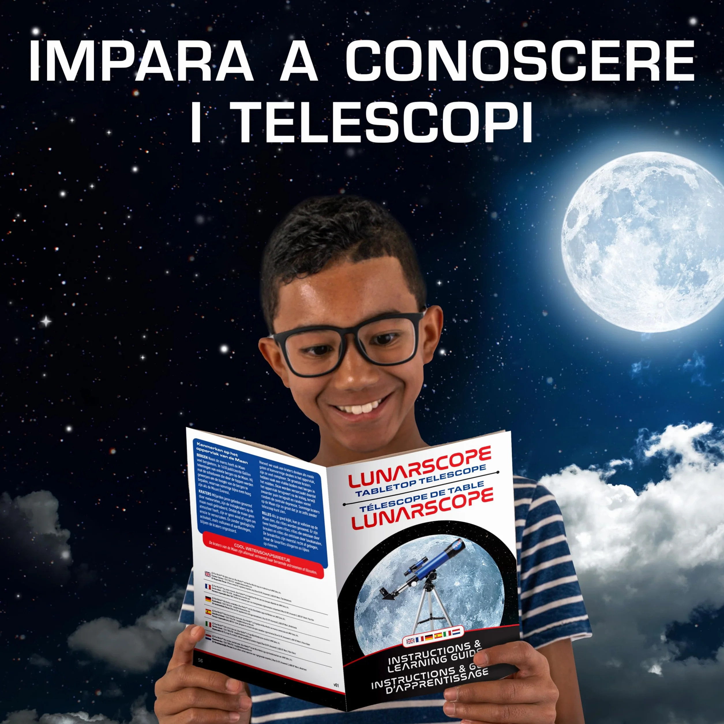 Blue Marble Telescopio Lunare NASA per Bambini – Ingrandimento 90x, con Due Oculari, Treppiede da Tavolo e Mirino, Telescopio per l’Osservazione della Luna, Giochi Spaziali, Regali NASA